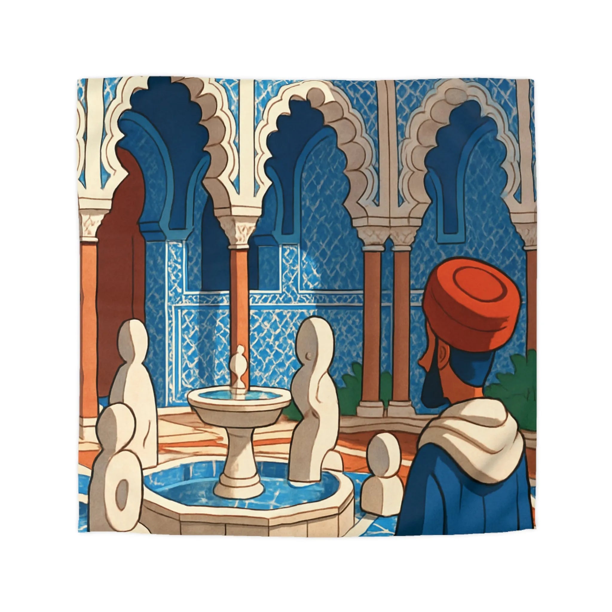 Housse de couette avec design marocain bleu, arches andalouses, fontaine et personnage paisible