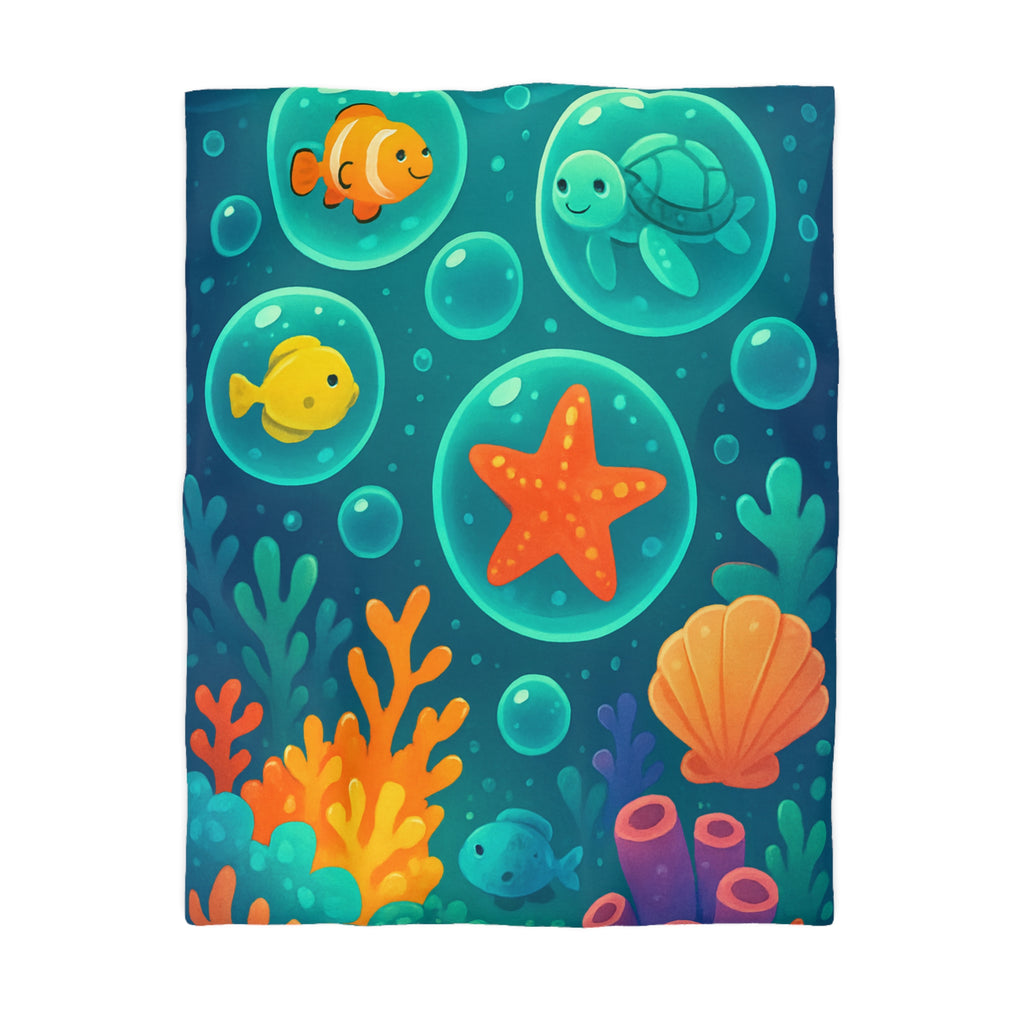 Housse de Couette Océan Animé pour Enfants avec Tortue et Étoile de Mer Mignonne