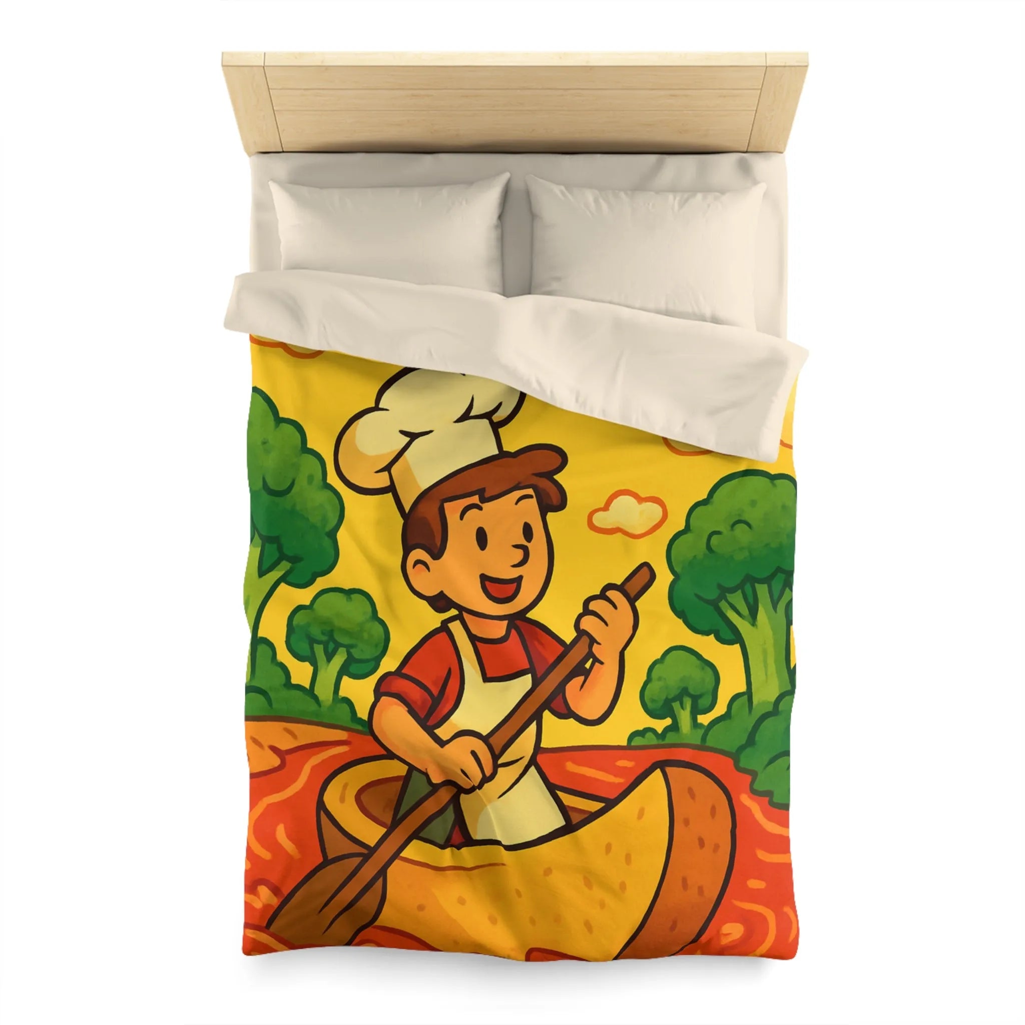 Housse de Couette Chef Enfant Naviguant en Barque sur Rivière Orange Ludique et Colorée