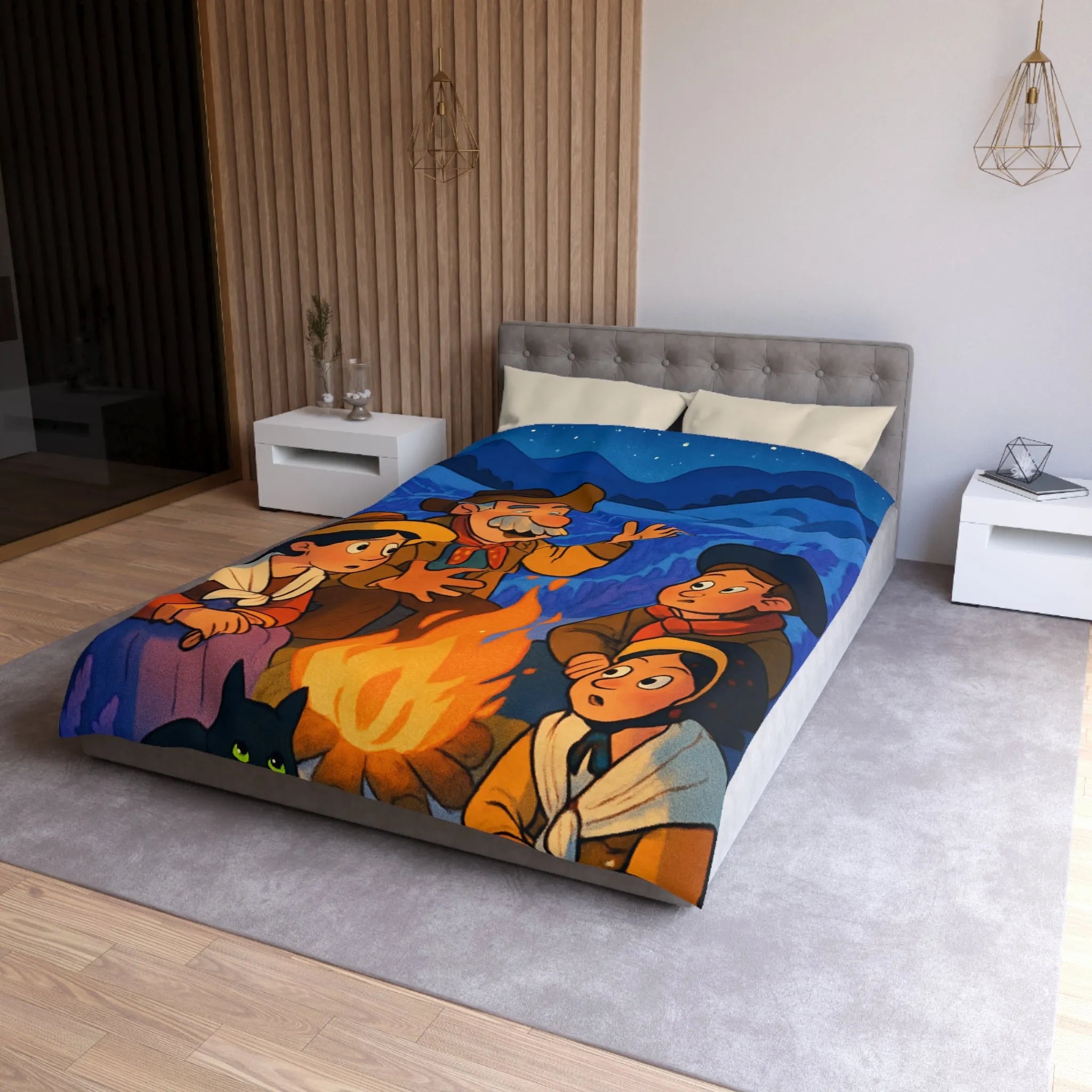 Housse de couette colorée avec scène animée racontant une histoire sous les étoiles