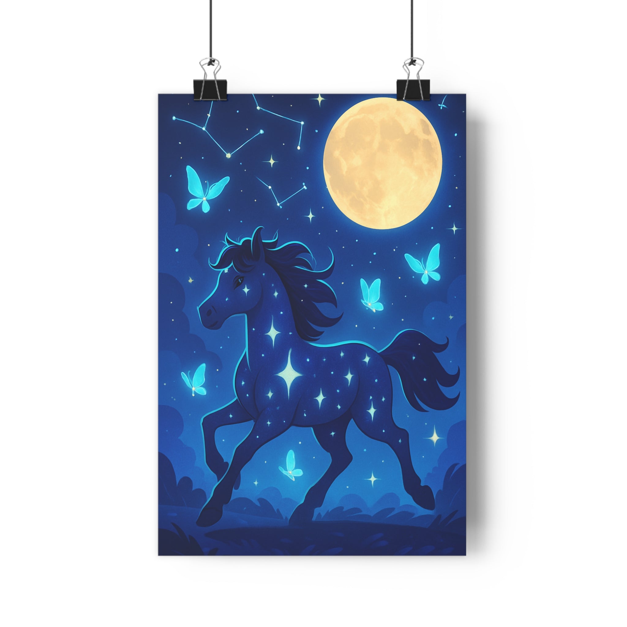 Poster décoratif cheval féérique bleu or magie mystique chambre enfant ambiance rêve étoilé lumineux