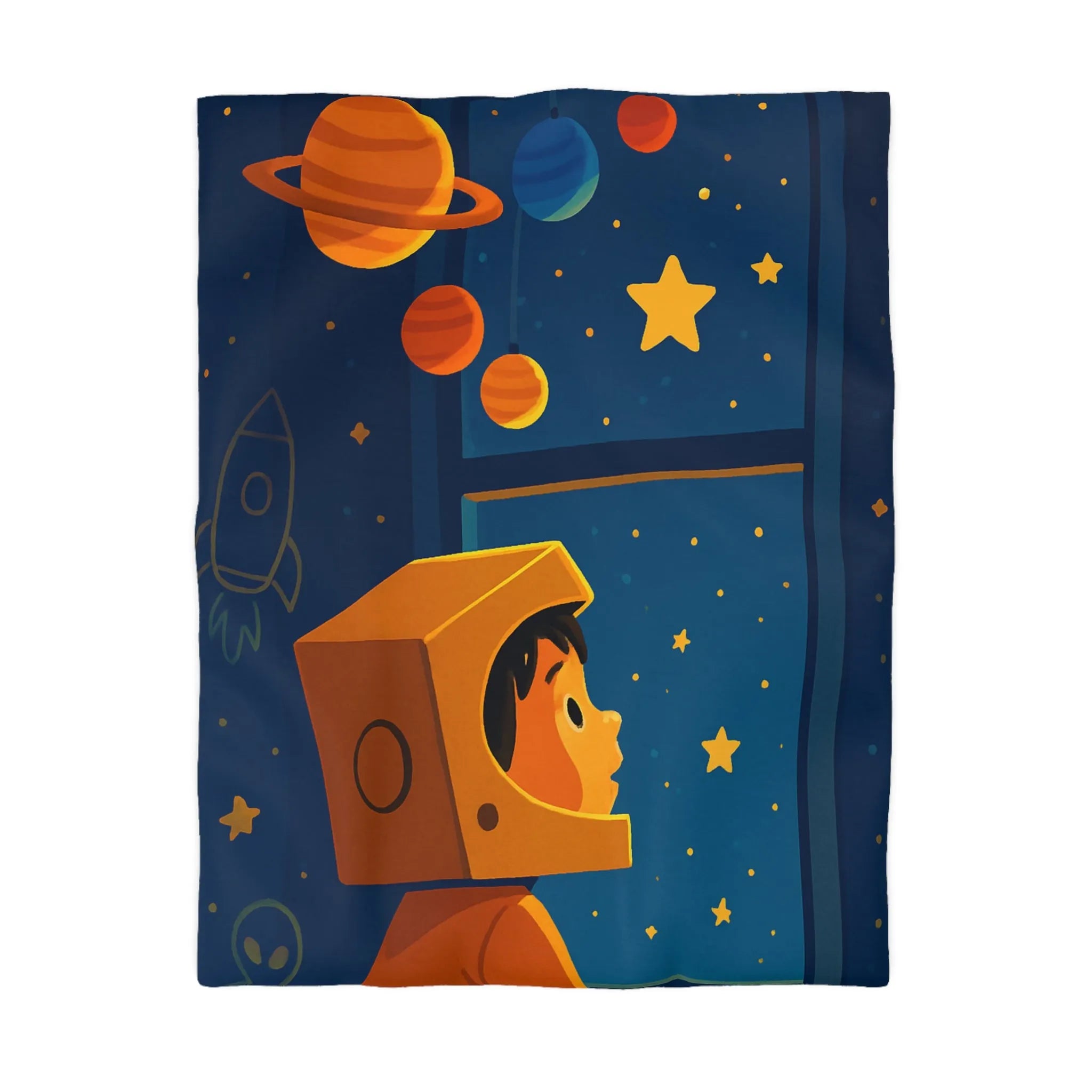 Housse de couette enfant rêveur espace avec planètes et étoiles, ambiance ludique