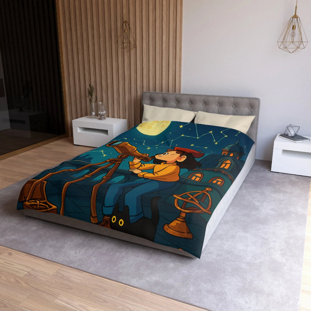 Housse de Couette Enfant Astronome avec Télescope, Ciel Étoilé Magique et Constellations
