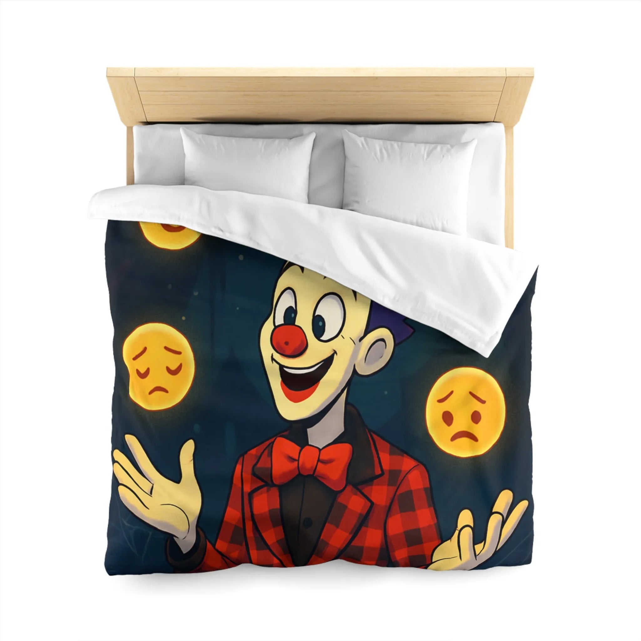 Housse de couette clown coloré dans un cirque avec émojis expression faciale variée