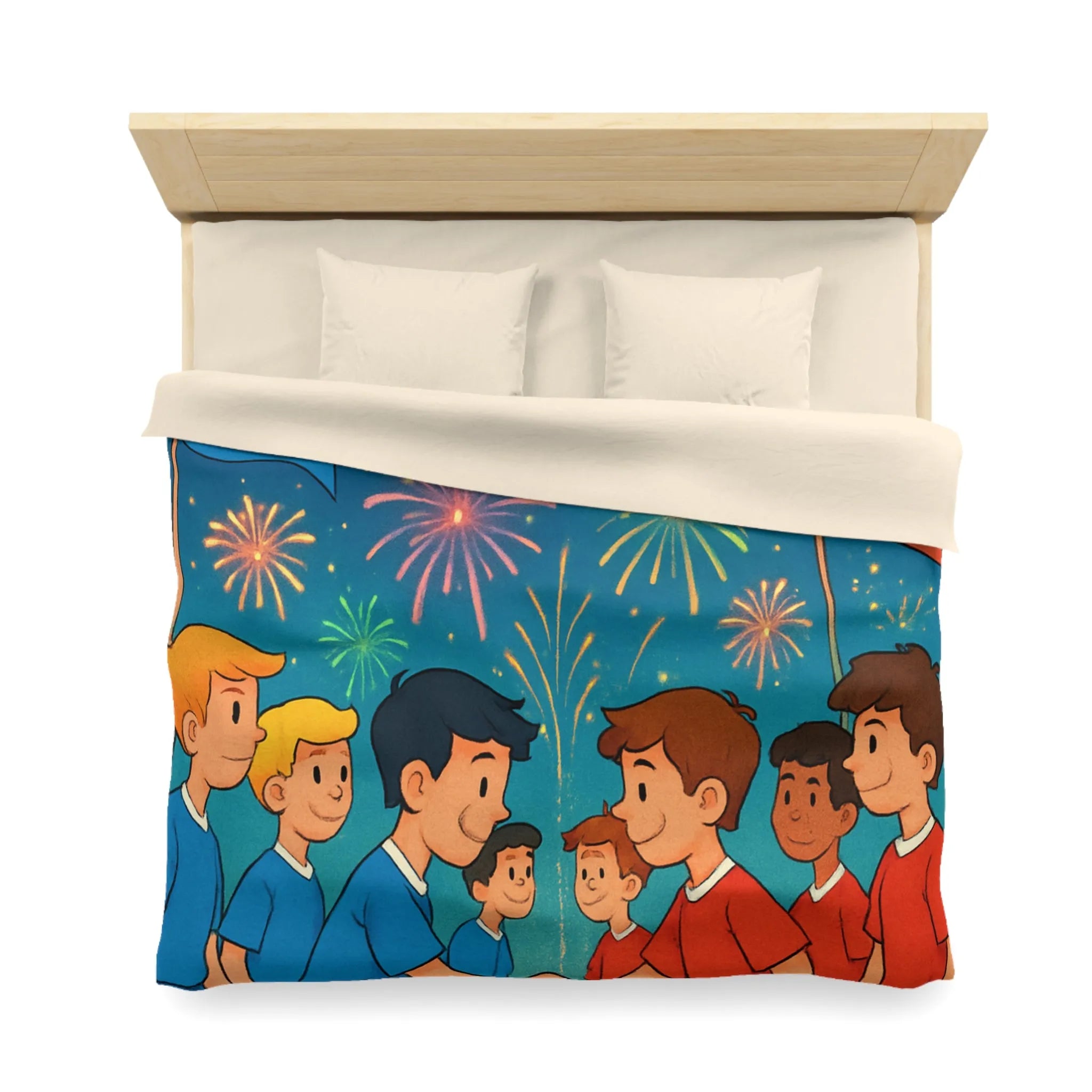 Housse de couette colorée inspirée du football avec feux d'artifice et équipe en action