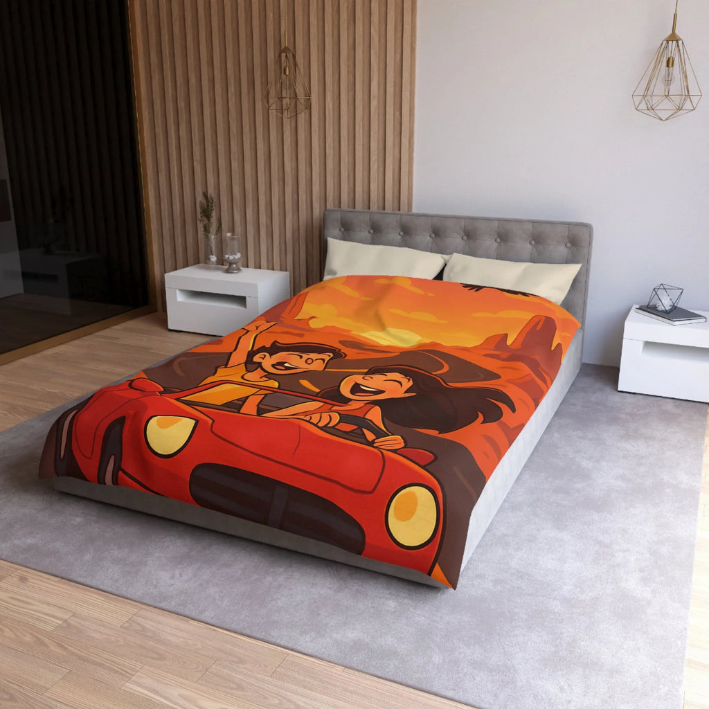 Aventure en voiture rouge dans un désert ensoleillé avec couple et aigle volant