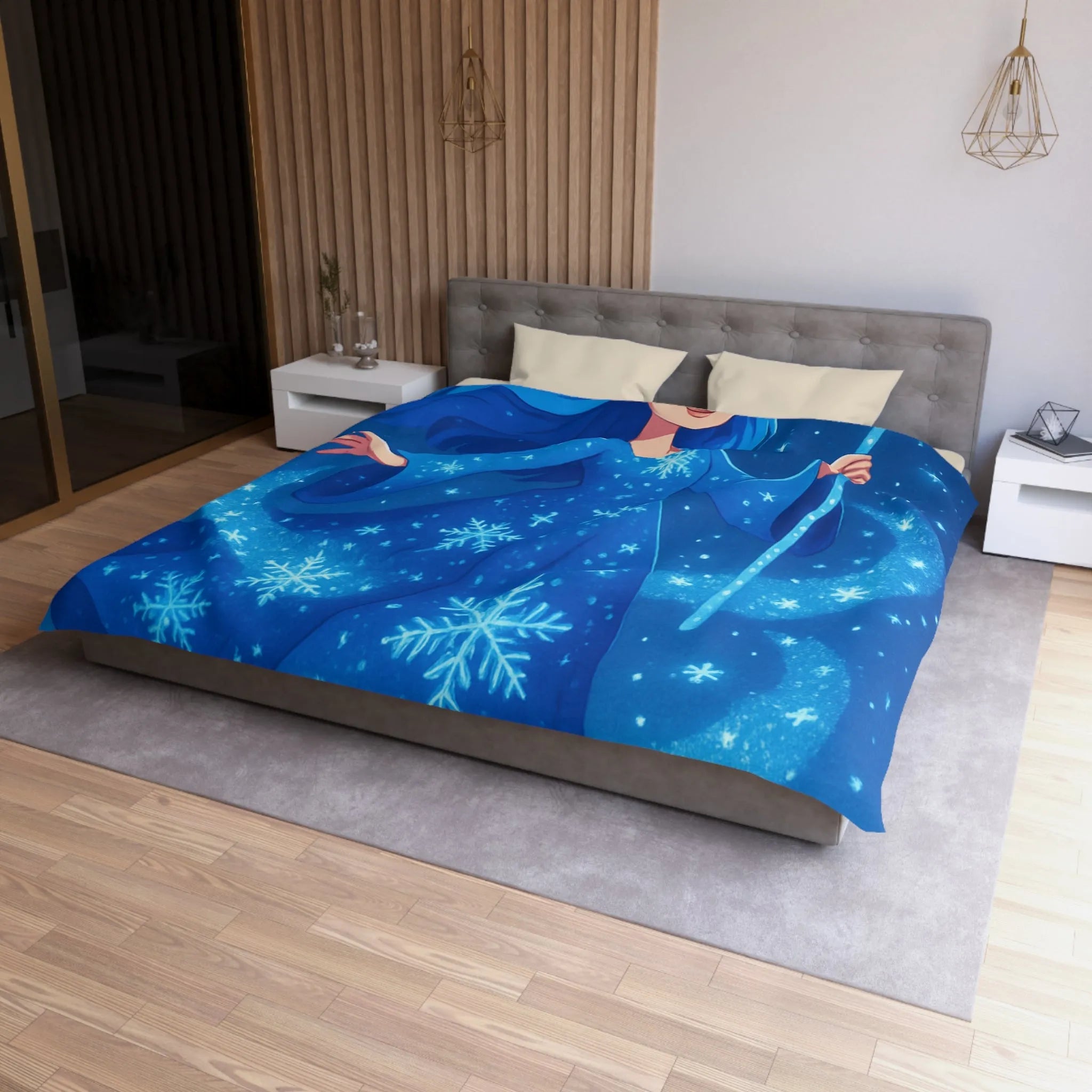 Housse de couette enfantine bleue avec fée magique dans ciel étoilé hivernal