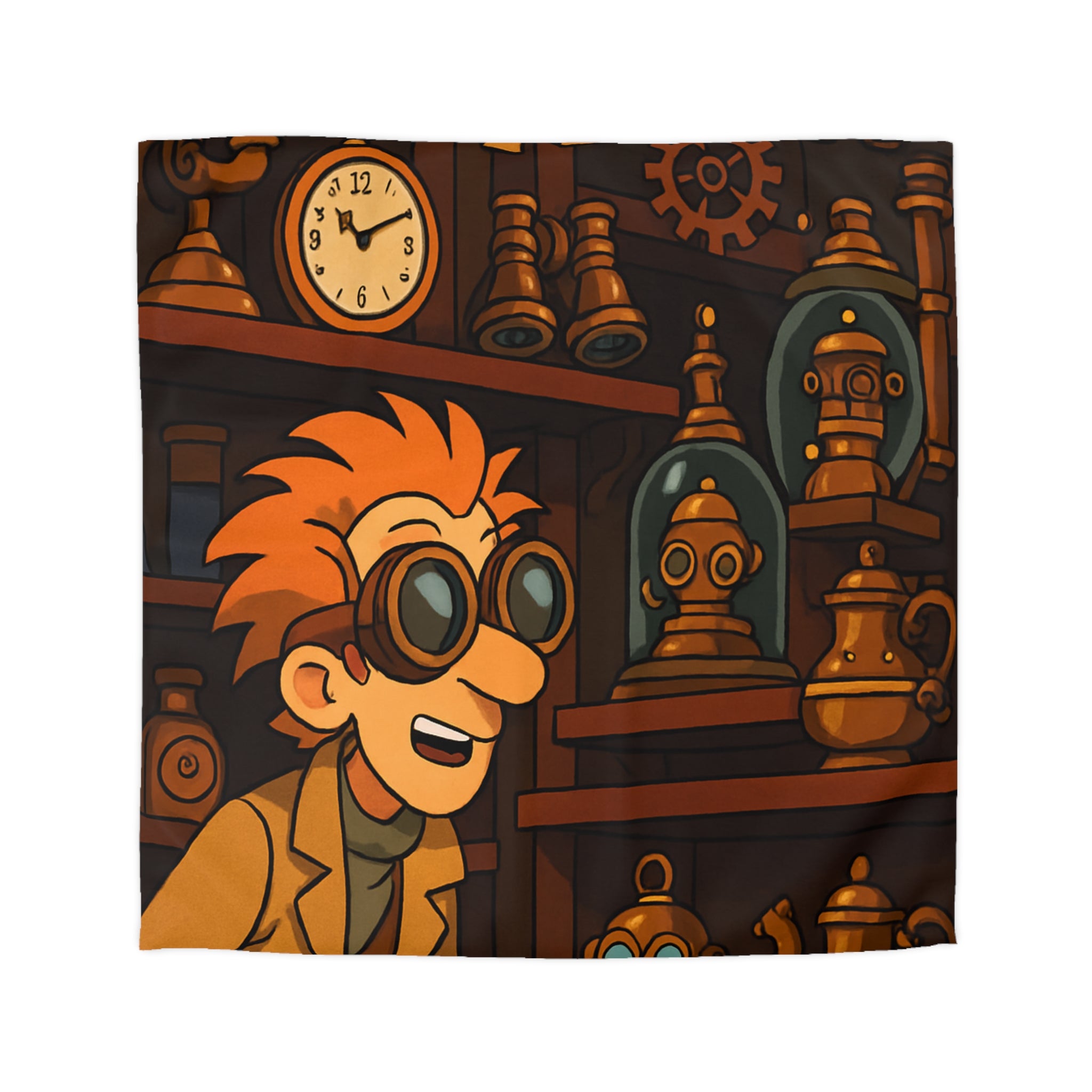 Housse de couette steampunk avec engrenages dorés et inventeur aux lunettes futuristes