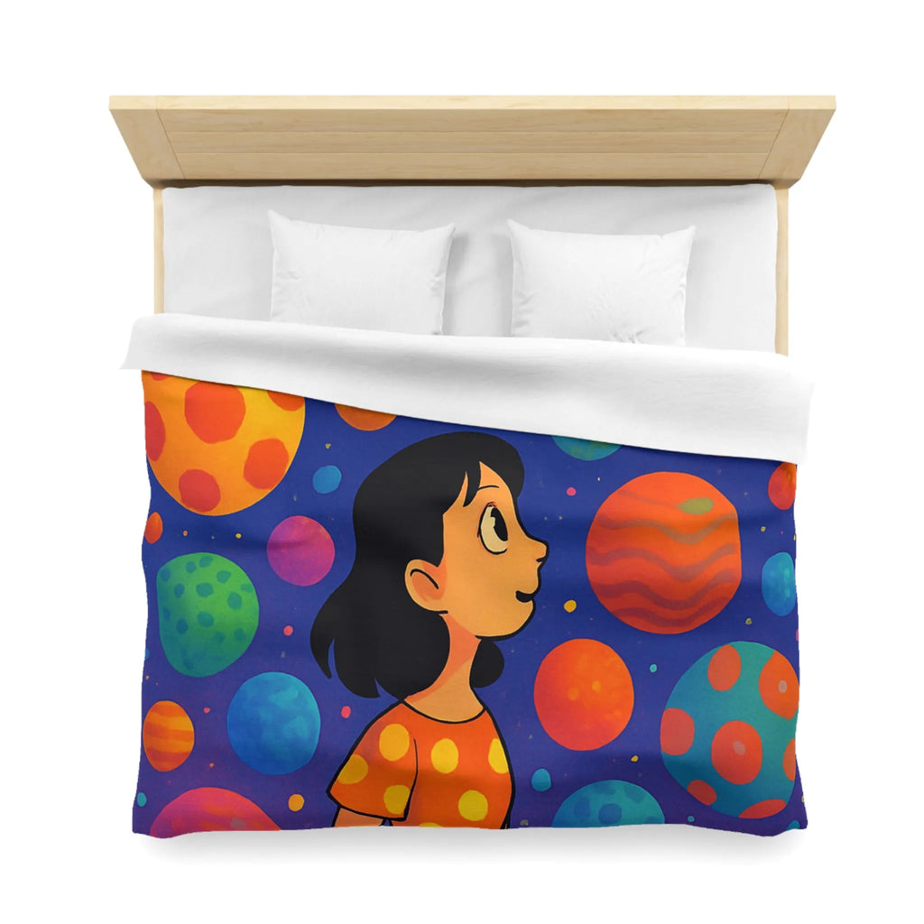 Housse de couette colorée avec motif de planètes et enfant rêveur dans l'espace
