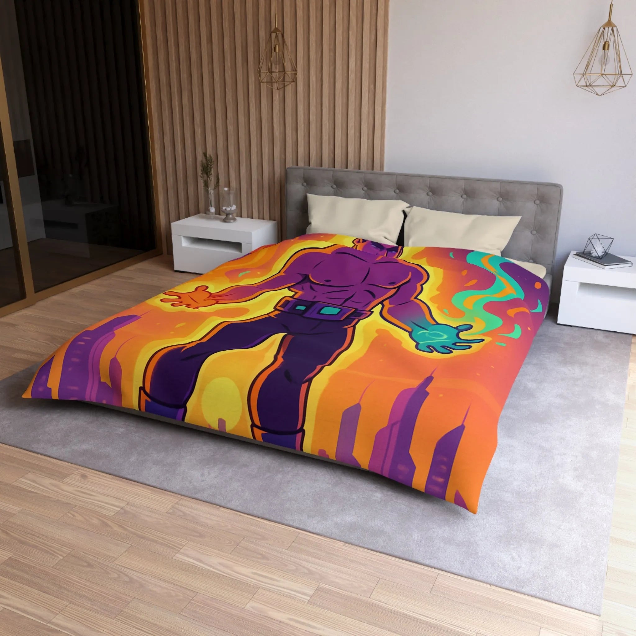 Housse de couette avec héros des éléments enflammés et lumineux sur fond de ville