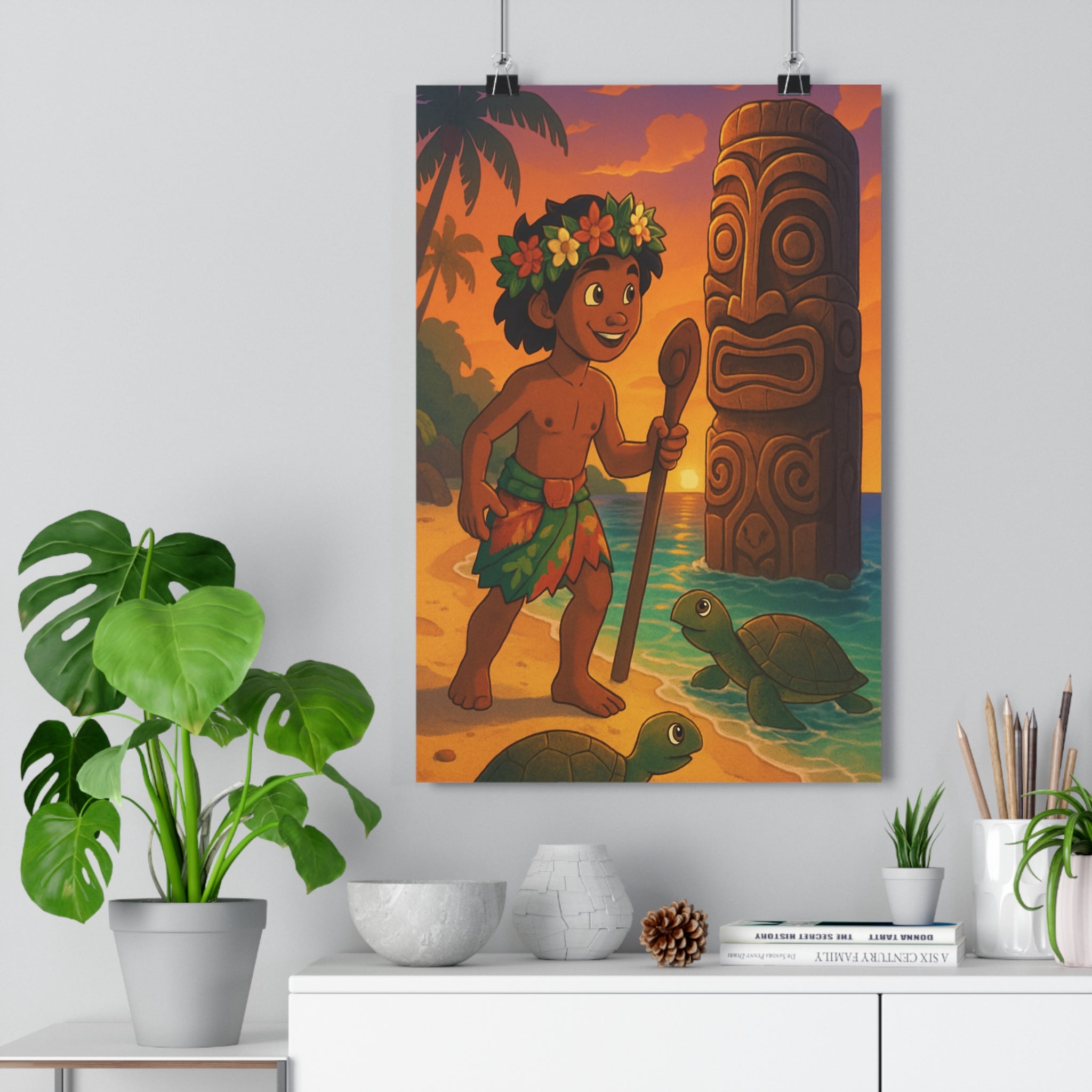 Poster décoratif cartoon enfant magique coucher soleil plage polynésien tortues tiki 30x46 ambiance qualité