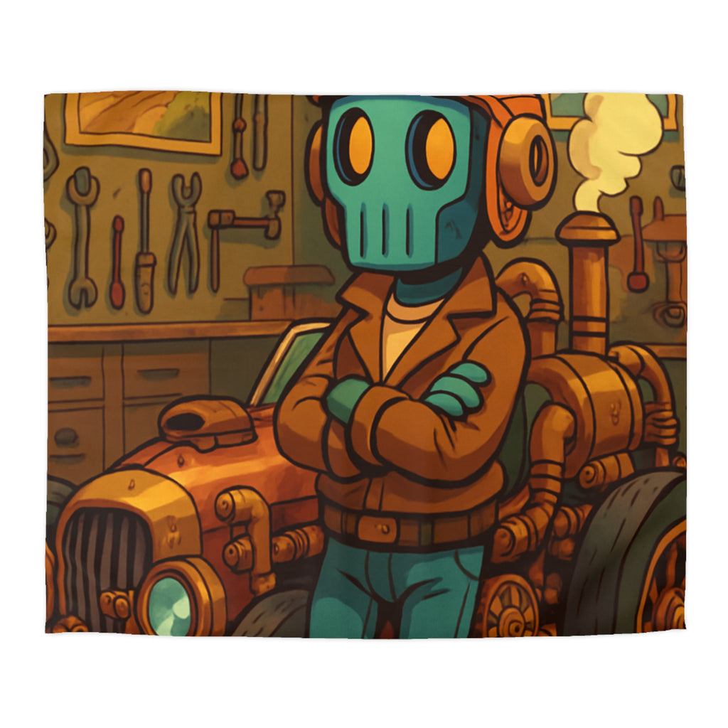 Housse de couette rétro steampunk avec voiture vintage et robot dans un atelier