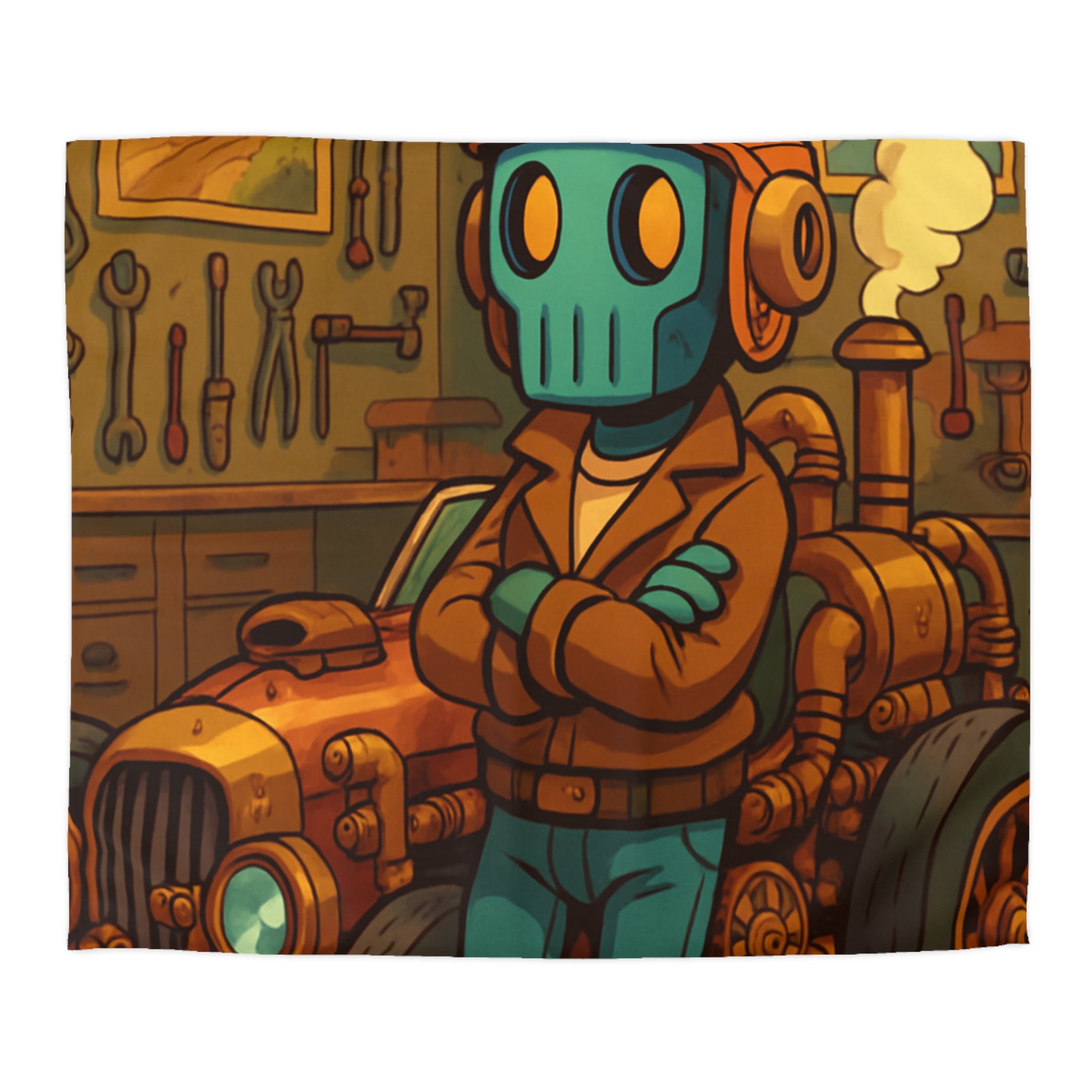 Housse de couette rétro steampunk avec voiture vintage et robot dans un atelier