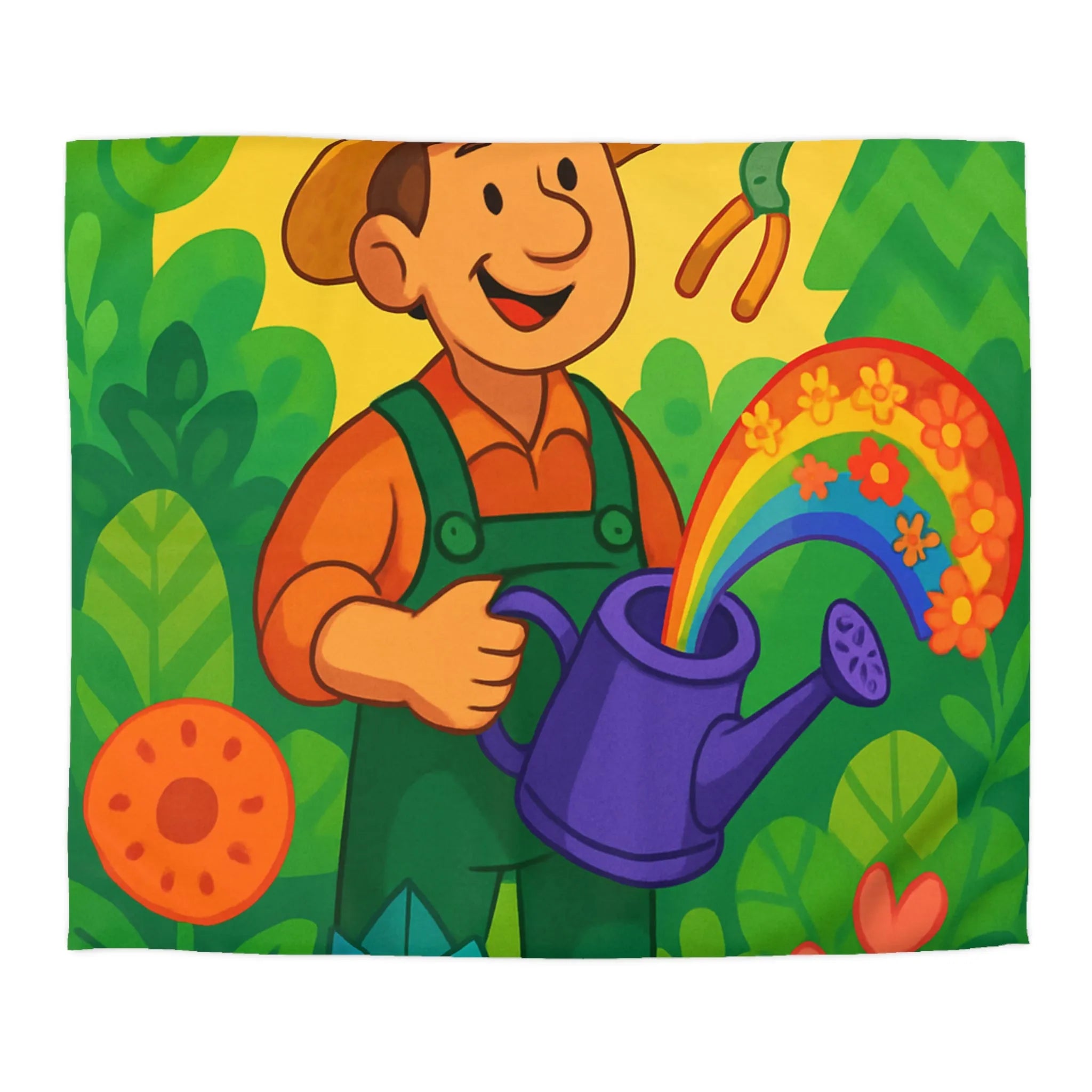 Housse de Couette Colorée avec Dessin Jardinier Arrosant des Fleurs et Arc-en-Ciel