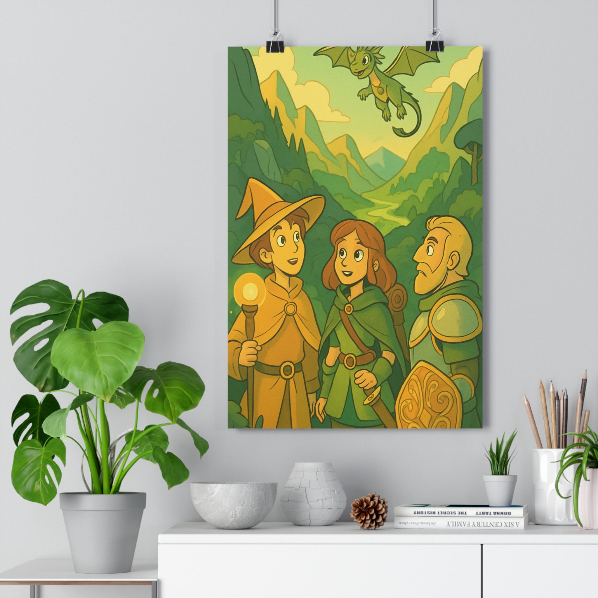 Poster décoratif anime aventure magique vert doré médiéval chambre enfant paysage dragon forêt montagne
