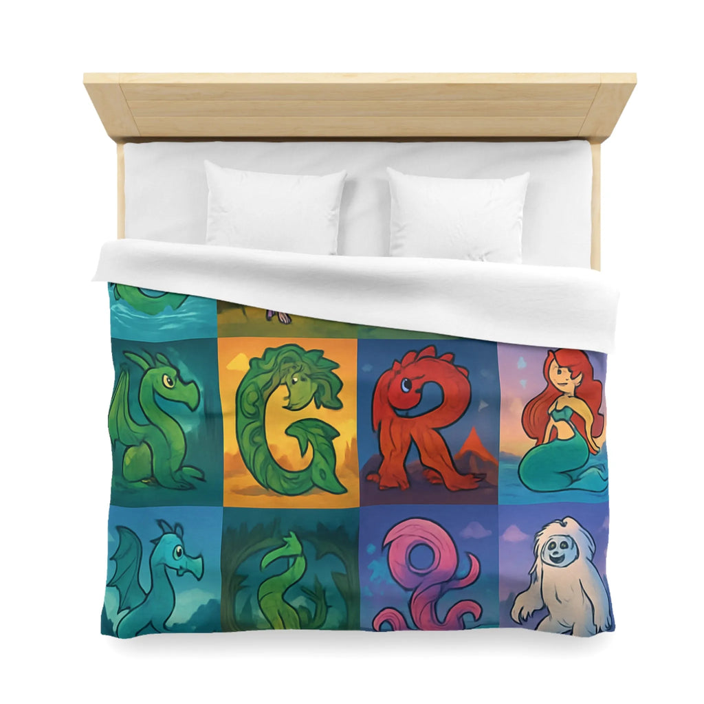 Housse de couette enchantée avec lettres magiques et créatures mythiques colorées