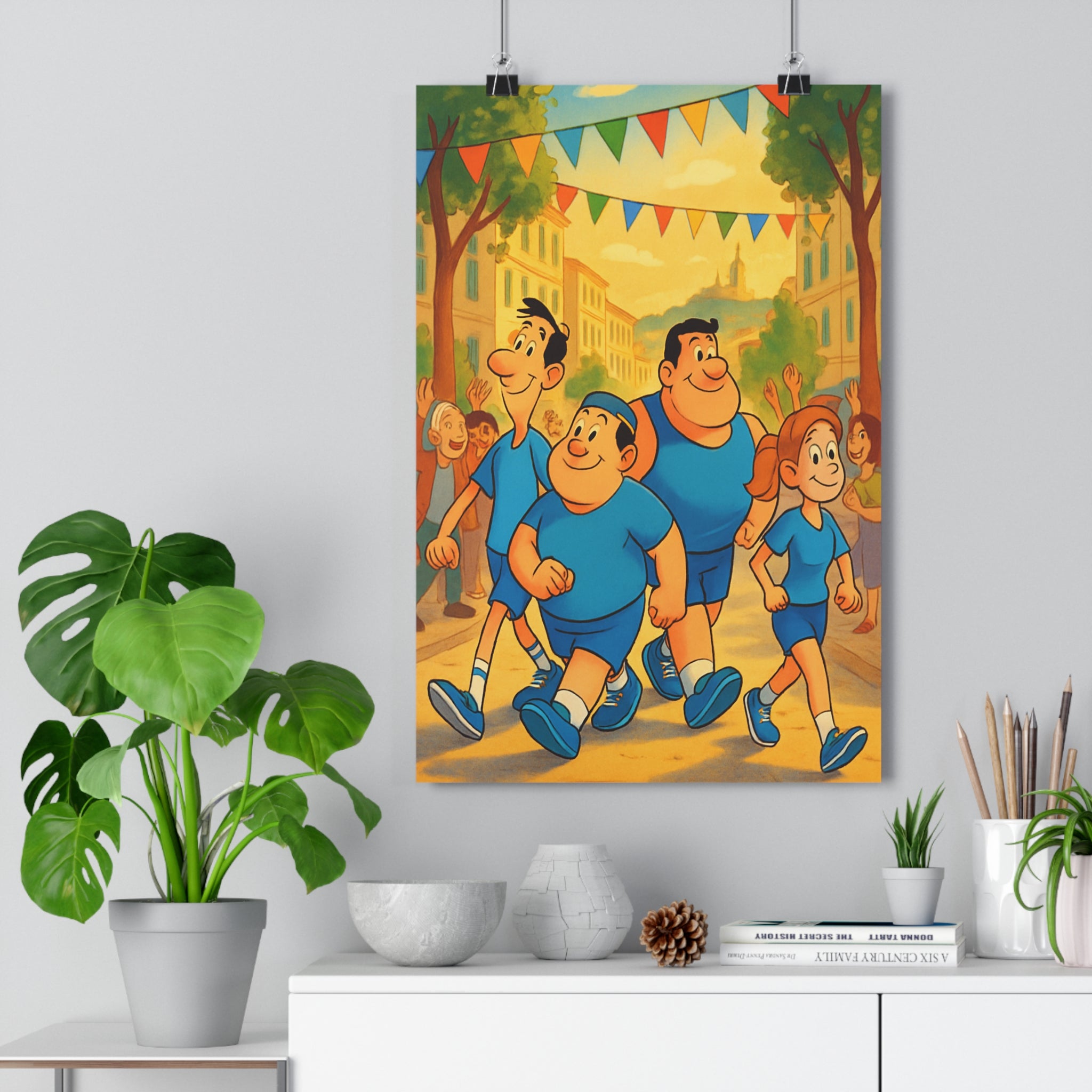 Poster décoratif animé bleu jaune joyeux salon chambre moderne urbain dynamique festif coloré fanions