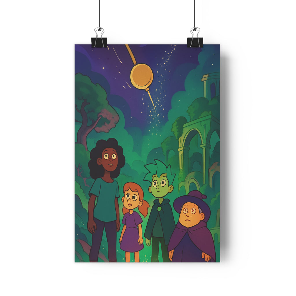 Poster décoratif fantastique vert bleu mystique chambre salon aventurier personnages nocturne magique enchanteur qualité