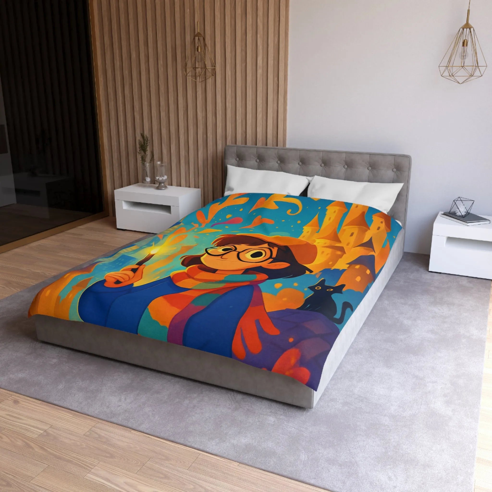 Housse de Couette Éclatante: Jeune Magicienne aux Couleurs Vives et Château Mystérieux