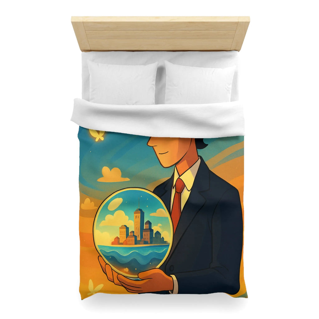 Housse de couette avec illustration surréaliste d'un homme tenant une sphère magique