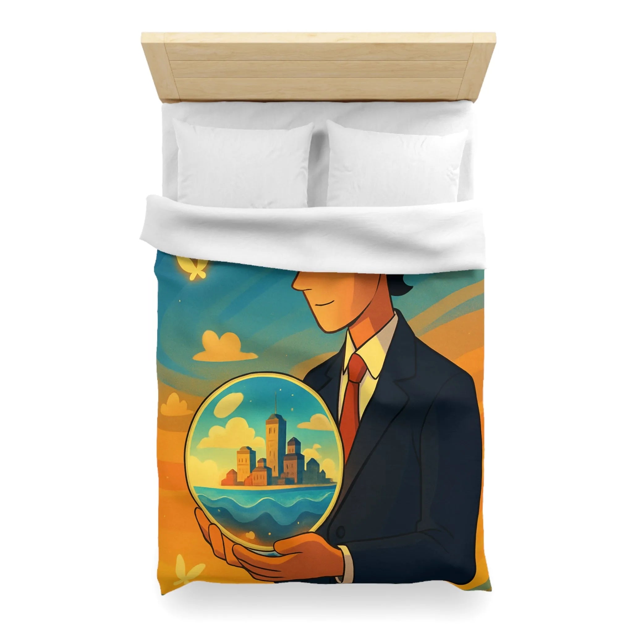 Housse de couette avec illustration surréaliste d'un homme tenant une sphère magique