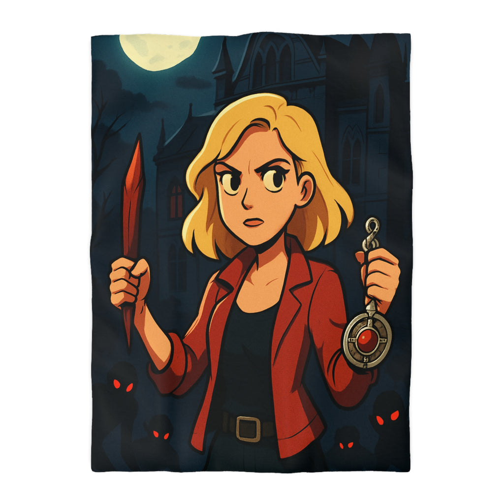 Housse de couette mystérieuse avec scène de château effrayant, pleine lune et silhouette combattive