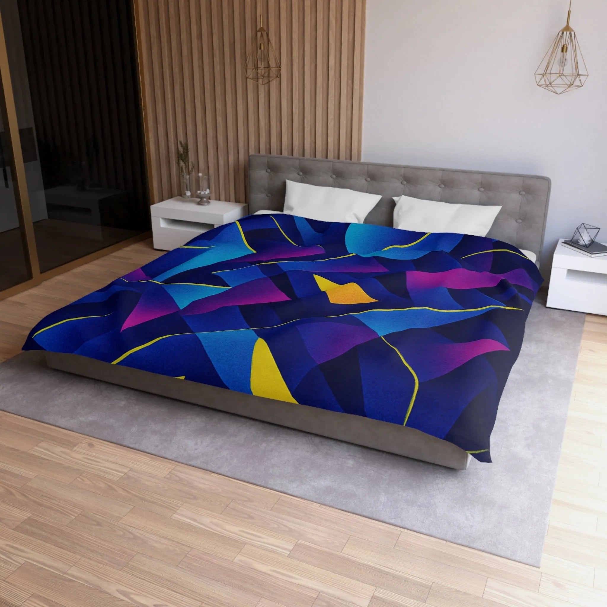 Housse De Couette Bleu Sombre Géométrique Avec Touches Jaunes Et Violettes Vibrantes