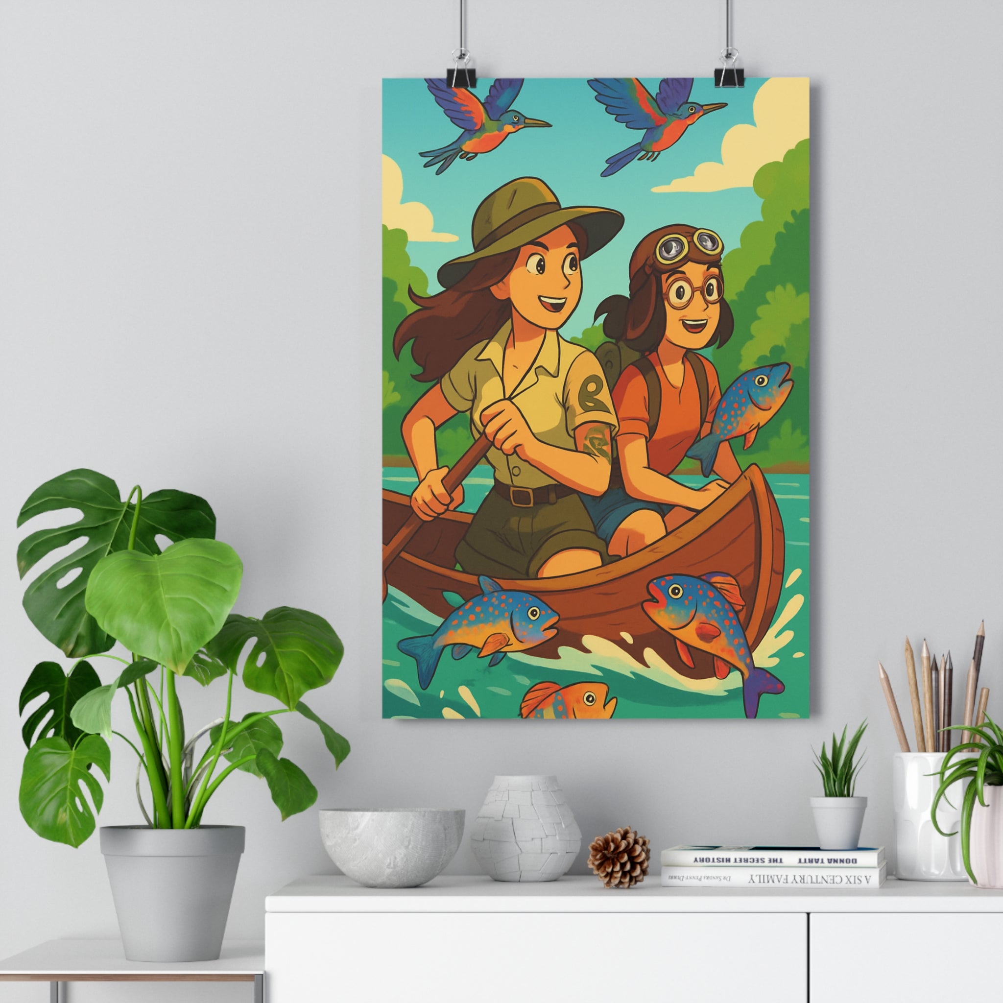 Poster décoratif cartoon aventure coloré joyeux rivière oiseaux poissons chambre enfant nature dynamique qualité