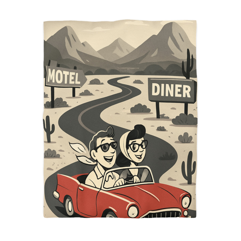 Housse de Couette Vintage Route 66: Motif Rétro Voiture Rouge Montagnes Désertiques