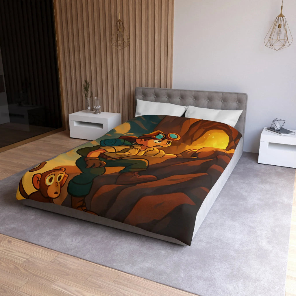 Housse de couette aventure colorée avec jeune explorateur et singe devant grotte lumineuse