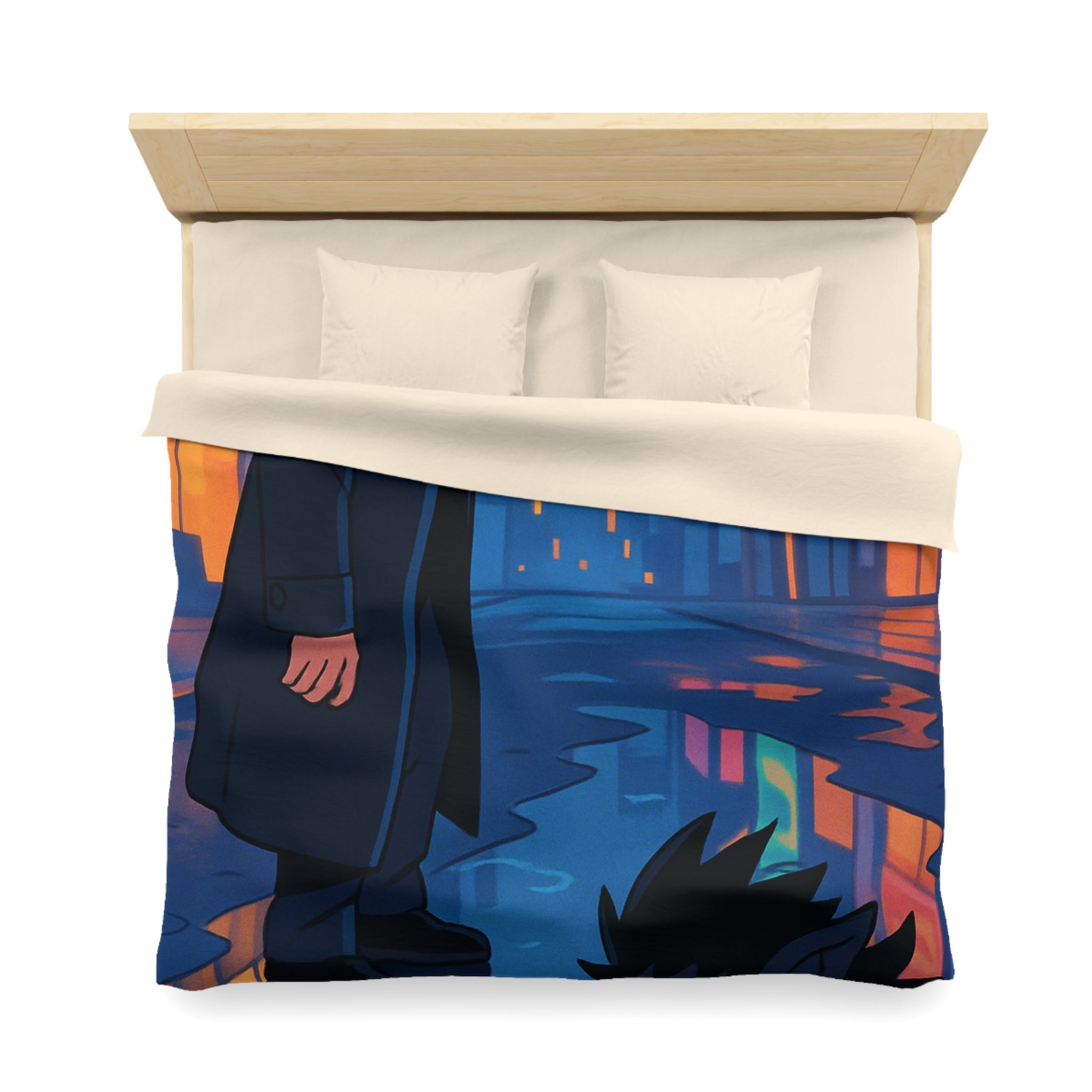 Housse de couette urbaine avec reflet mystérieux dans une rue animée la nuit