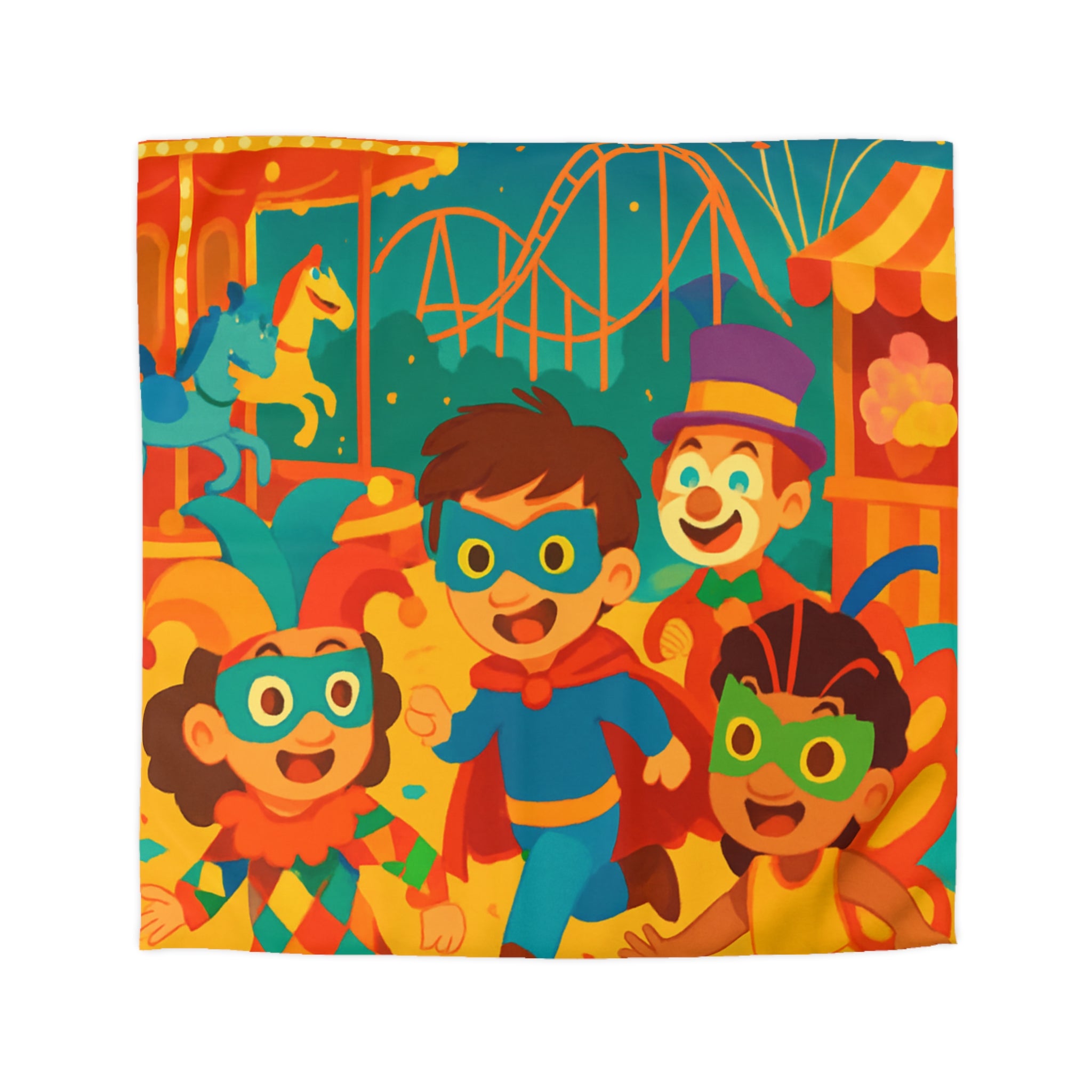 Joyeuse fête foraine avec enfants costumés courant joyeusement parmi attractions colorées nocturnes