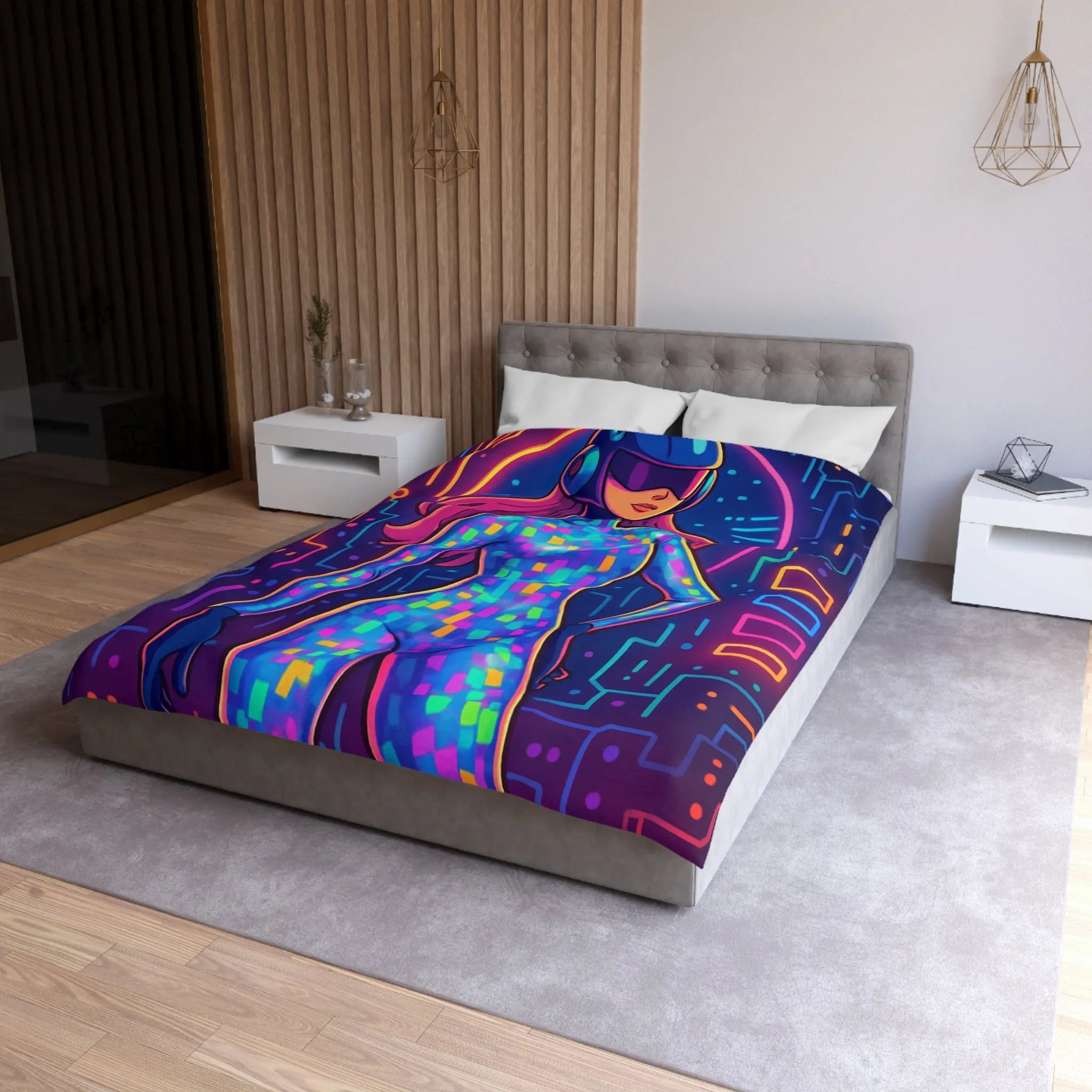 Housse de couette futuriste néon avec motif de femme cyborg colorée et lumineuse