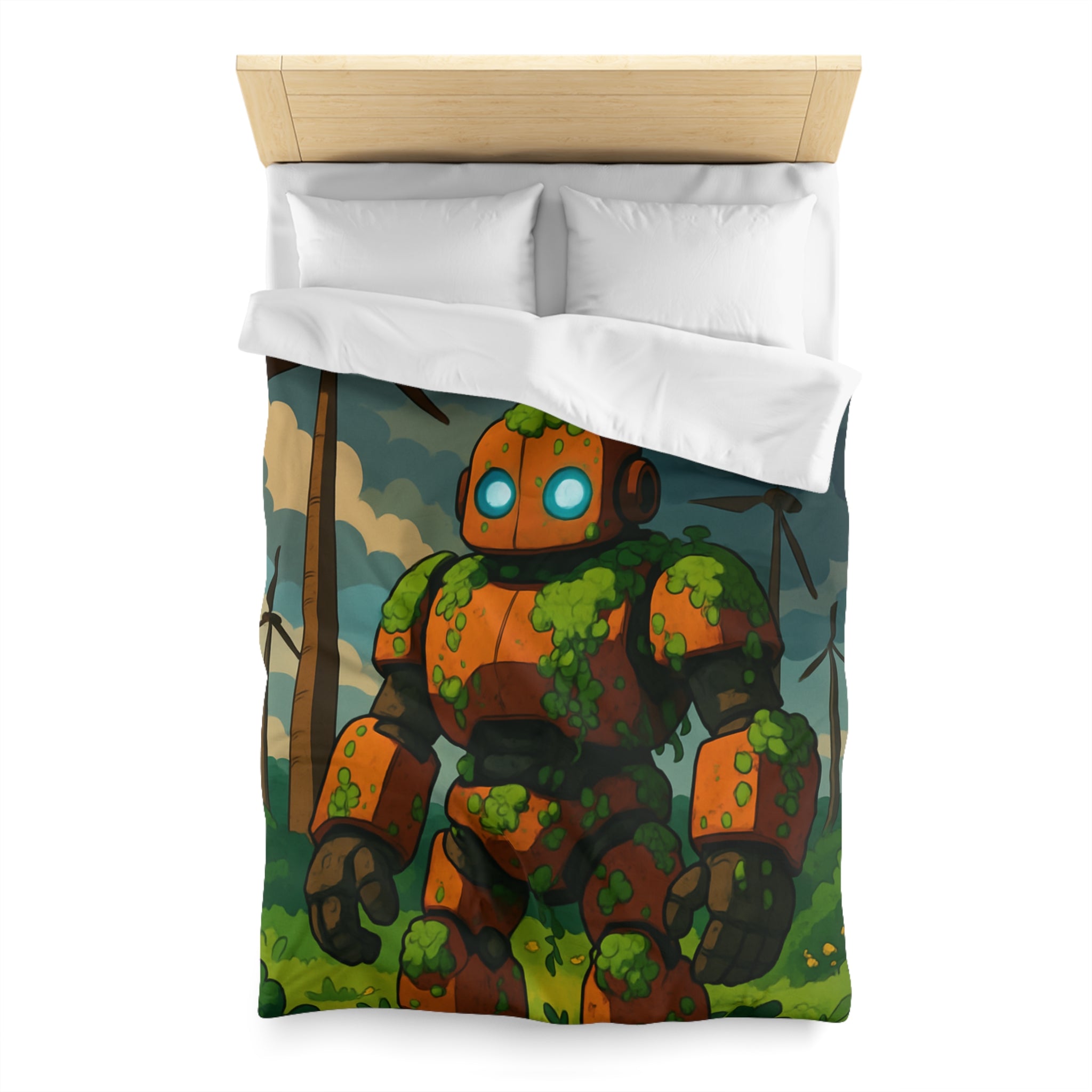 Housse de couette robot et éoliennes, motif nature et technologie, ambiance verte apaisante