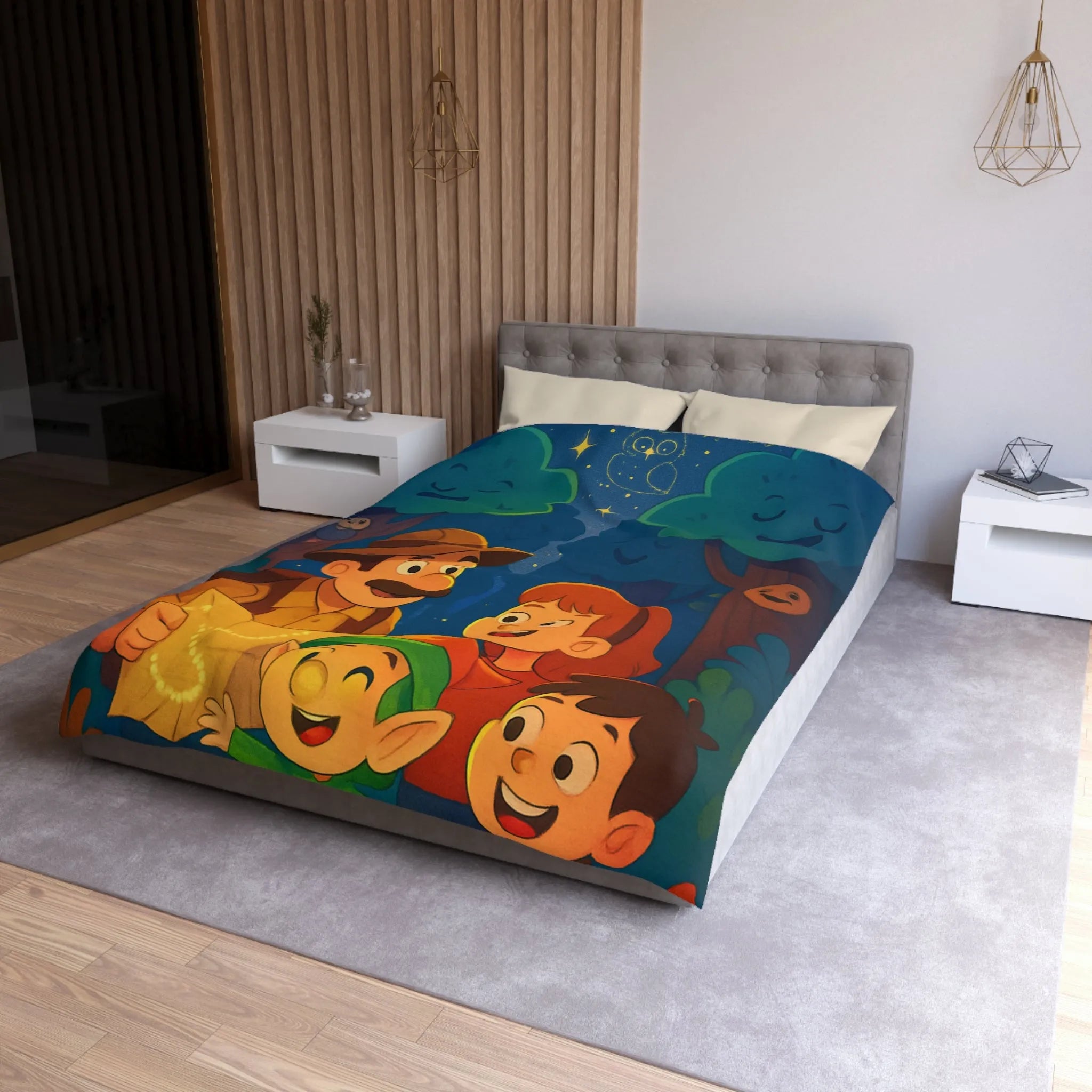 Housse de Couette Enfant Illustrée: Aventure Nocturne en Forêt avec Constellations Magiques