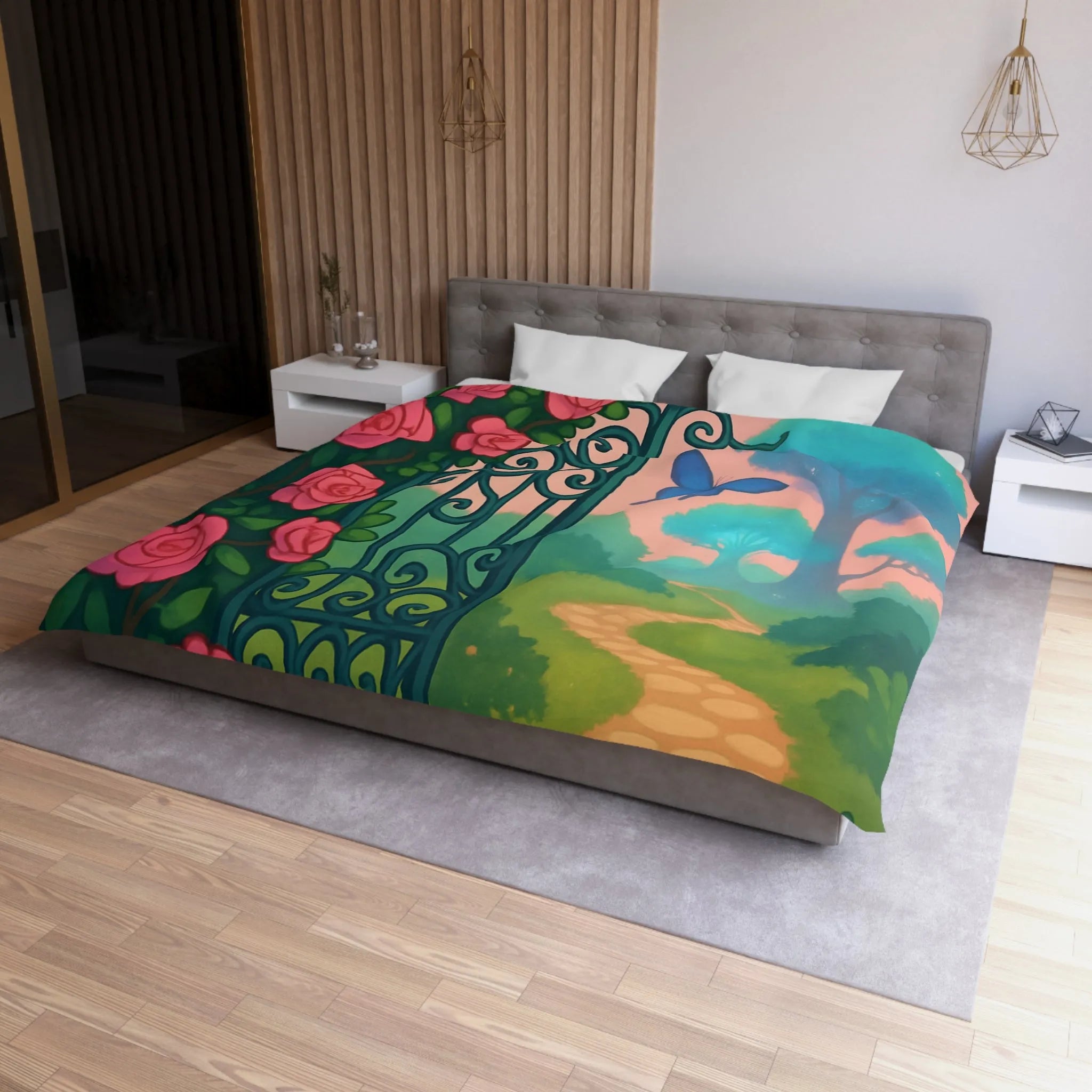 Belle housse de couette féerique avec portail fleuri et papillons colorés, jardins enchanteurs