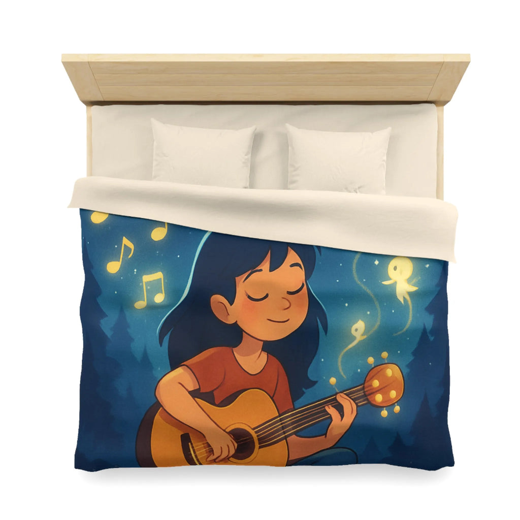 Housse de couette enchantée avec enfant jouant de la guitare sous la pleine lune
