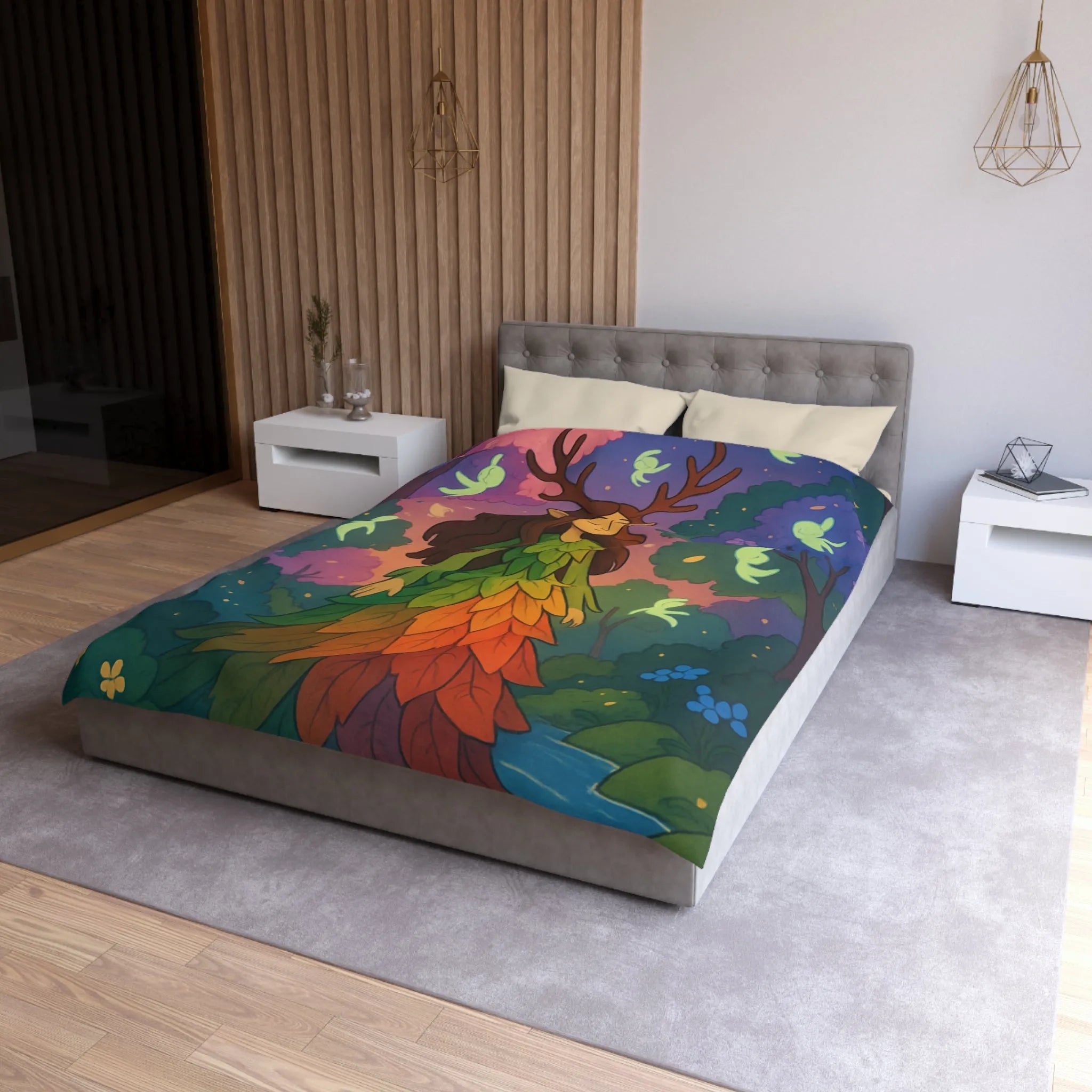 Housse de couette féerique forêt avec créatures lumineuses, design feuilles arc-en-ciel enchanteur