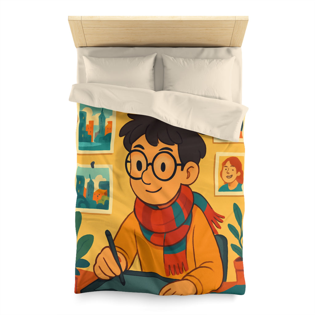 Housse de couette moderne avec illustrations colorées d'artiste travaillant dans un studio créatif