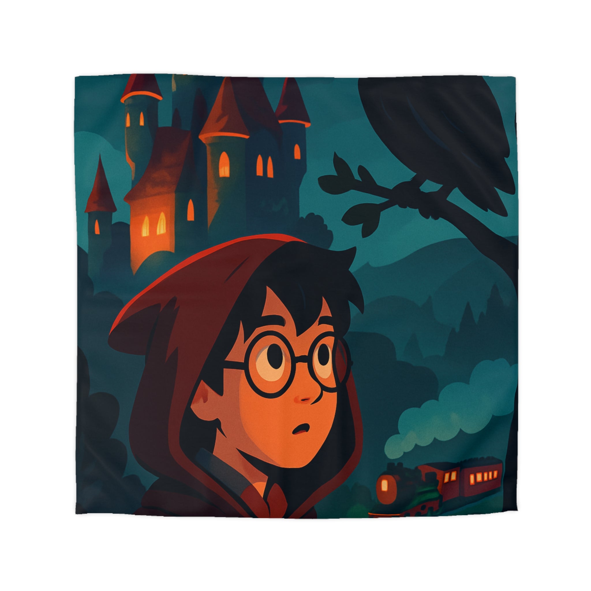 Housse de couette mystique avec château, héros et hibou pour chambre enchantée