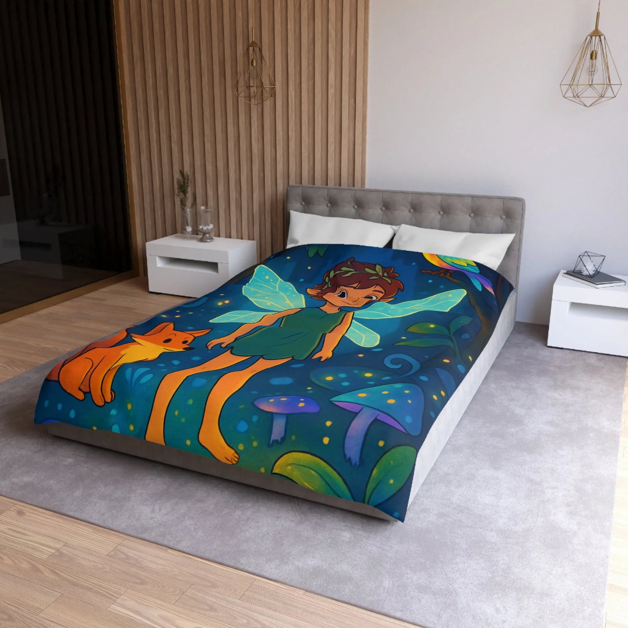 Housse de Couette Féerique avec Fée Ailée et Renard dans Forêt Enchantée Multicolore
