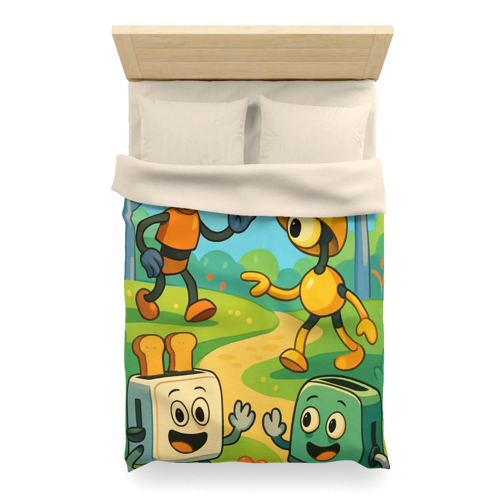 Housse de couette colorée avec robots joyeux et paysage forestier graphique