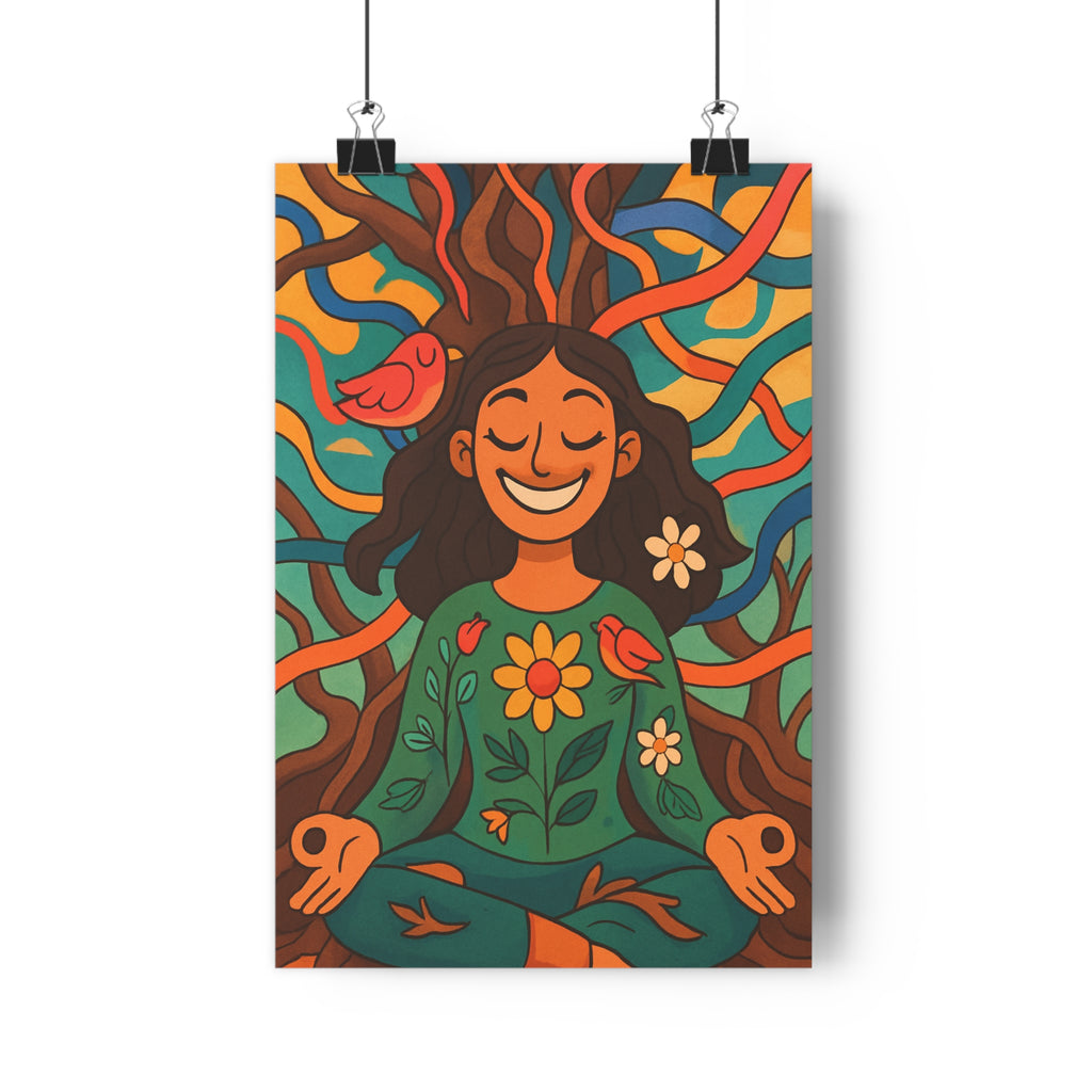 Poster décoratif méditation femme nature cartoon joyeux surréaliste bleu jaune orange fleurs oiseaux qualité