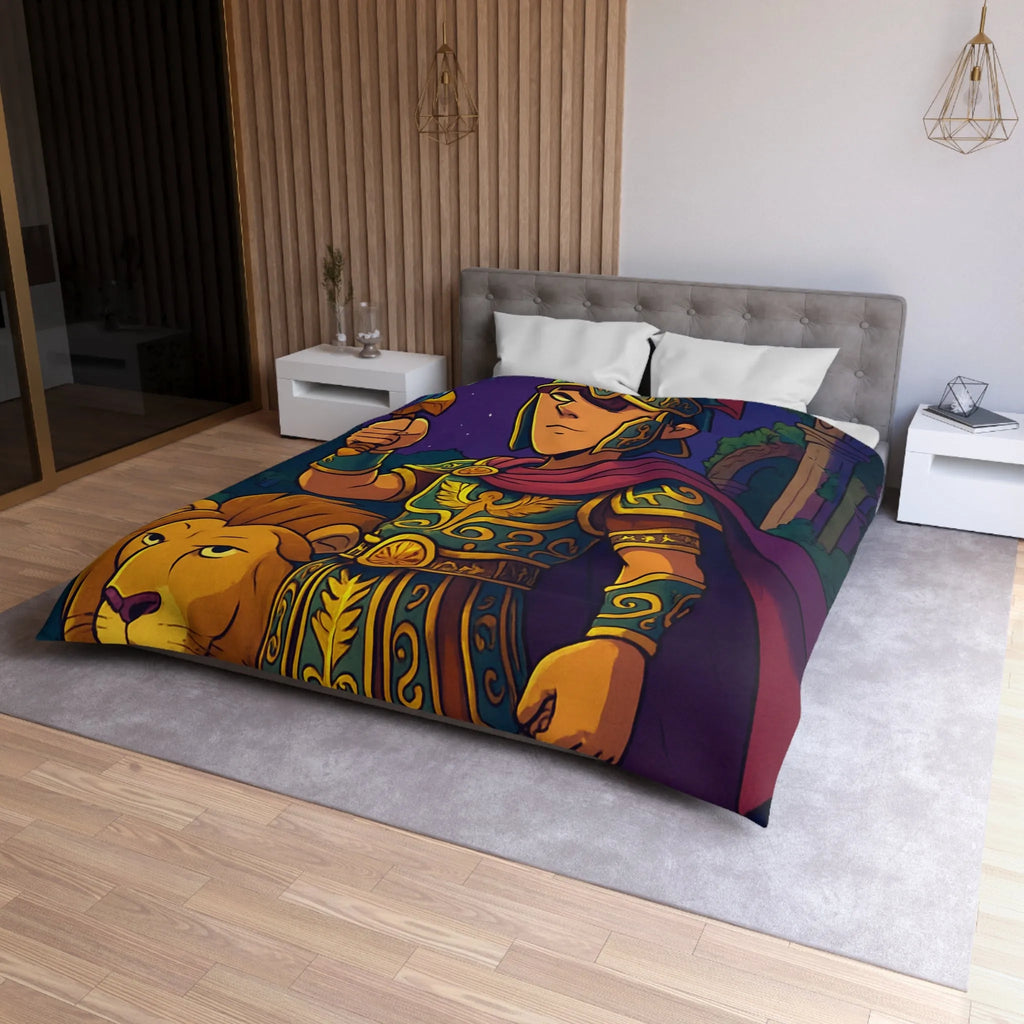 Housse de couette épique pour enfants avec un guerrier et un lion mythiques
