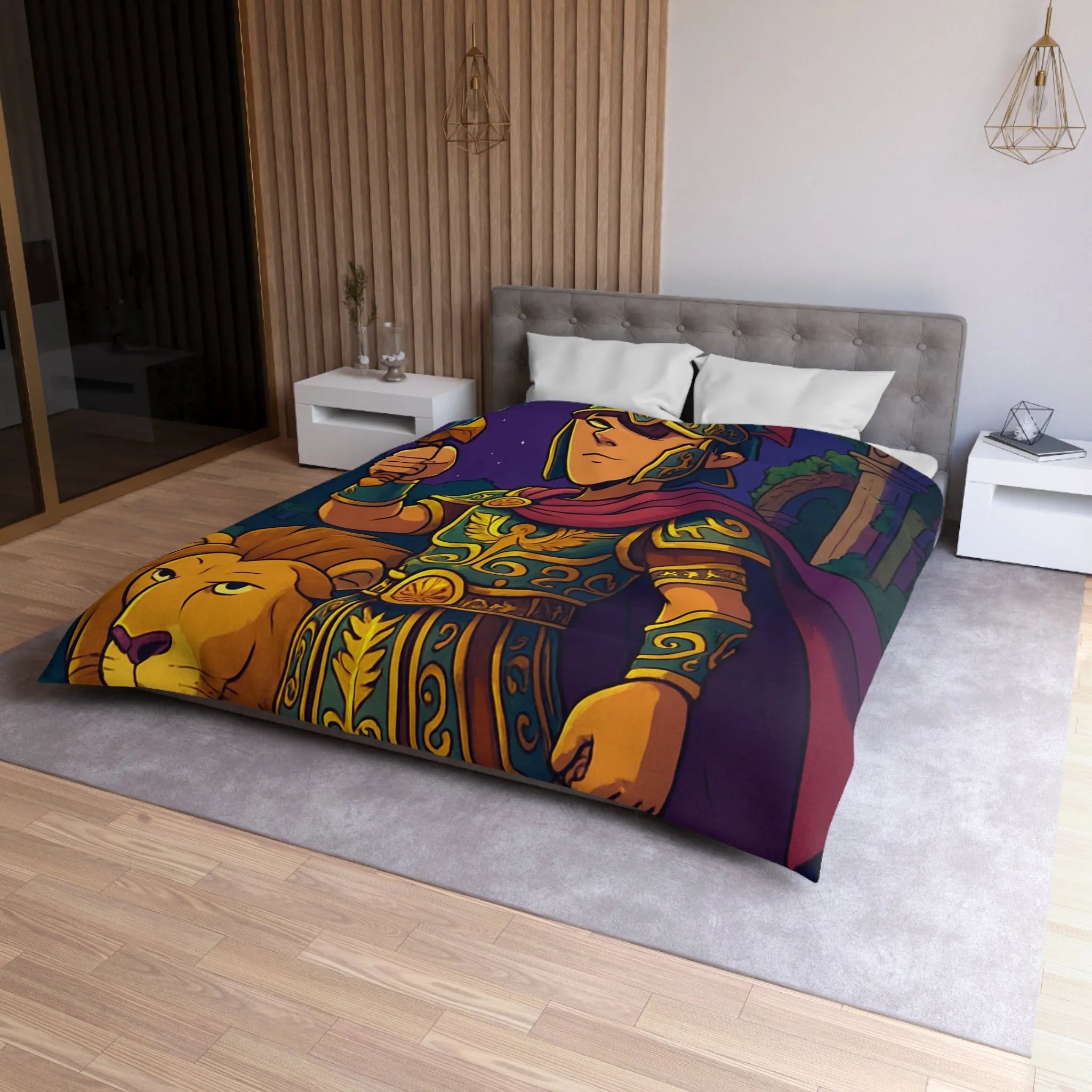 Housse de couette épique pour enfants avec un guerrier et un lion mythiques