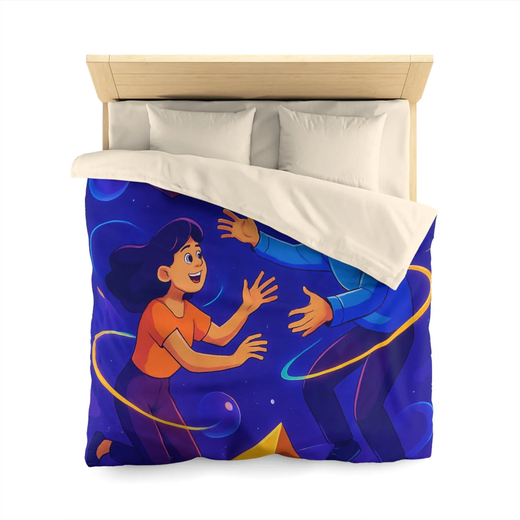 Housse de Couette Design Géométrique Magnifique avec Personnages Colorés et Éléments Spatiaux Vibrants