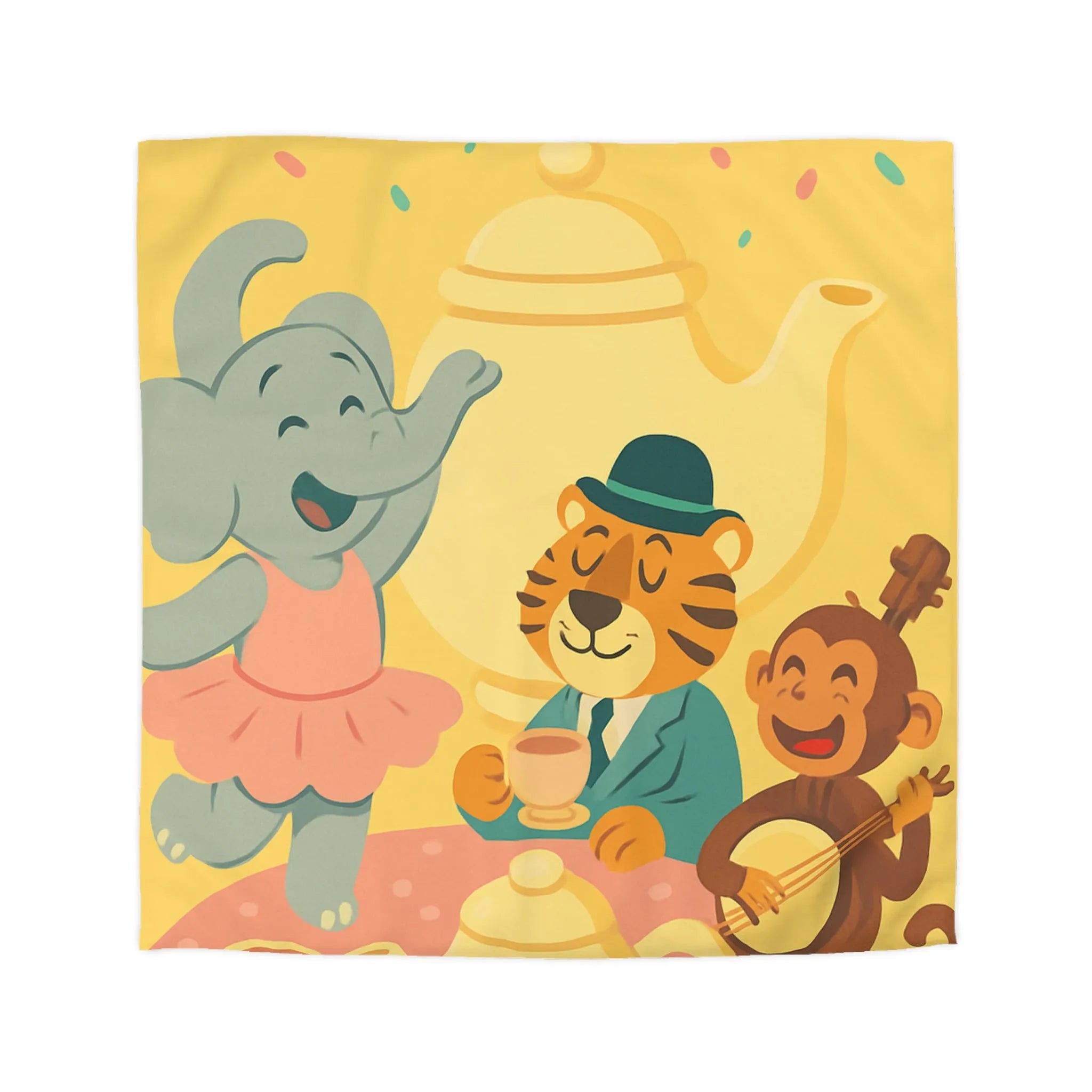 Housse de couette enfantine colorée avec éléphant, tigre et singe en fête joyeuse