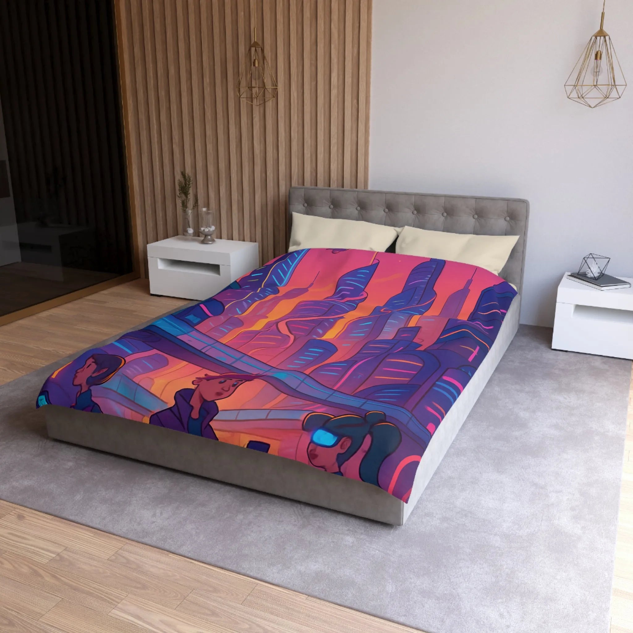 Housse de couette décor futuriste avec ville néon et gratte-ciel au coucher du soleil