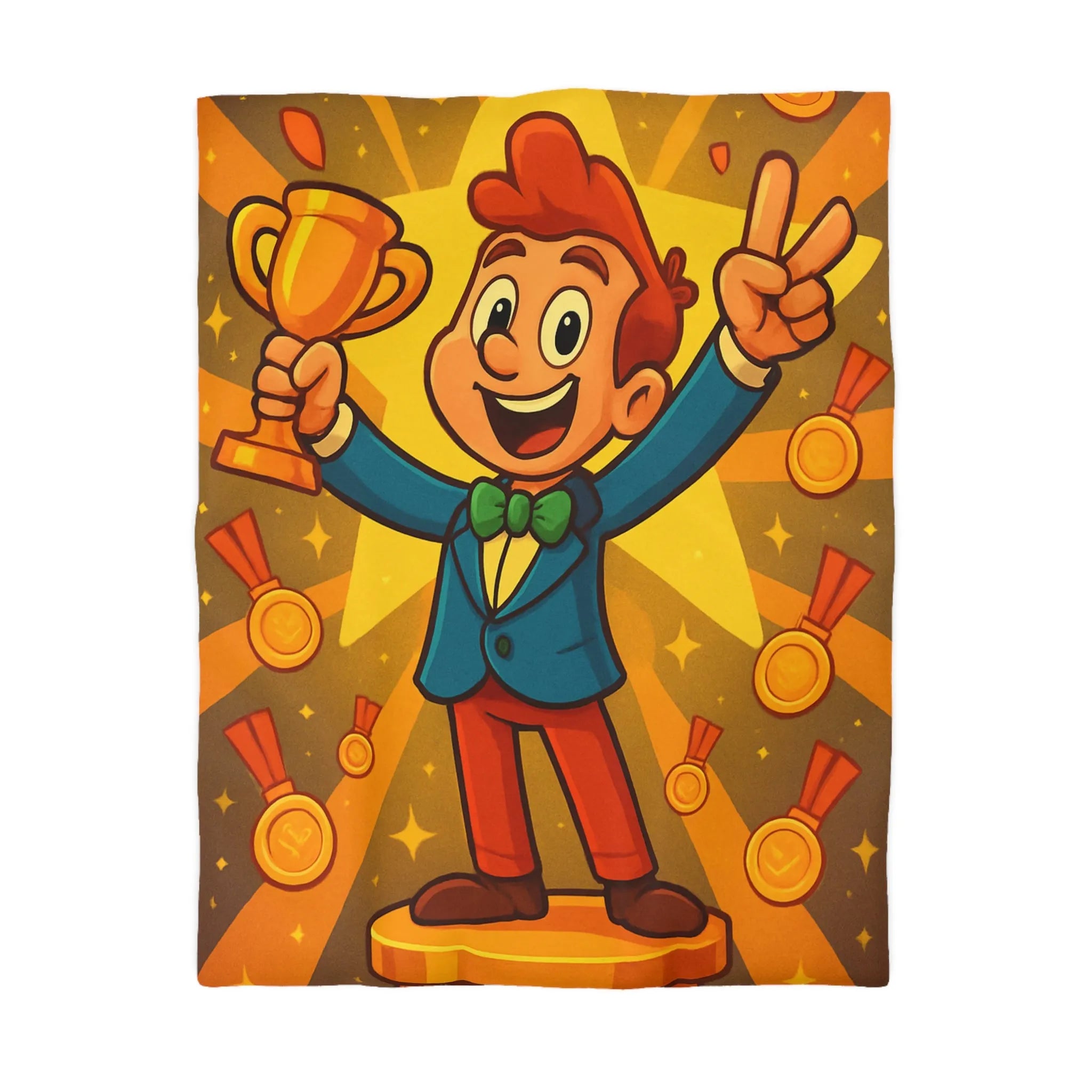 Housse de Couette Enfant avec Illustration Jeune Champion Débordant de Joie et Médailles