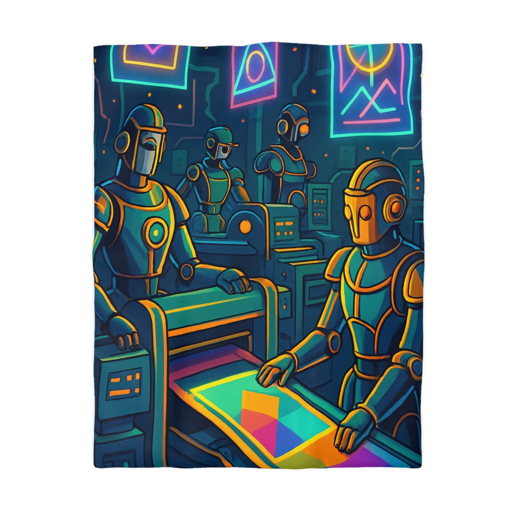 Housse de Couette Design Futuriste avec Robots Néons et Motifs Géométriques Vibrants